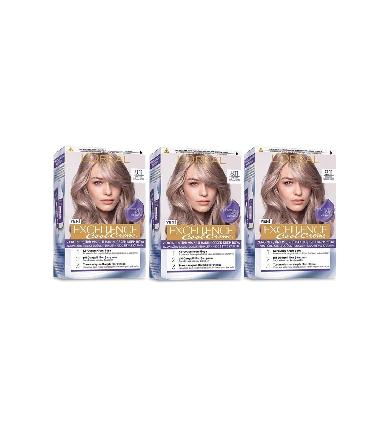 L'Oreal Paris Excellence Hair Dye 8.11 Extra Ash Blonde 3-Piece Set
