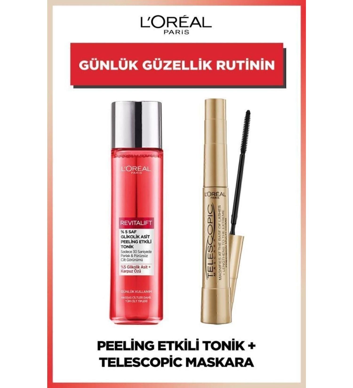 L'Oreal Paris Revitalift 5% Pure Glycolic Acid Peeling Tonic 180ml & Telescopic Black Mascara - Buy Online on GoSupps.com