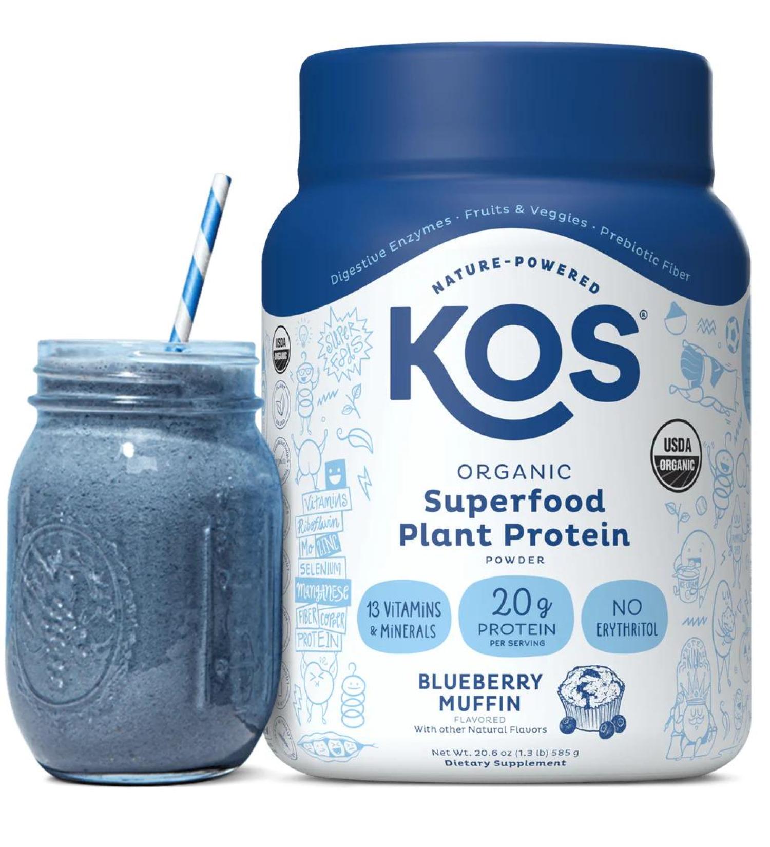 KOS Organic Plant-Based Protein with Blue Spirulina & Immunity Blend - Blueberry Muffin Flavor 1.3 lb - Buy Online on GoSupps.com