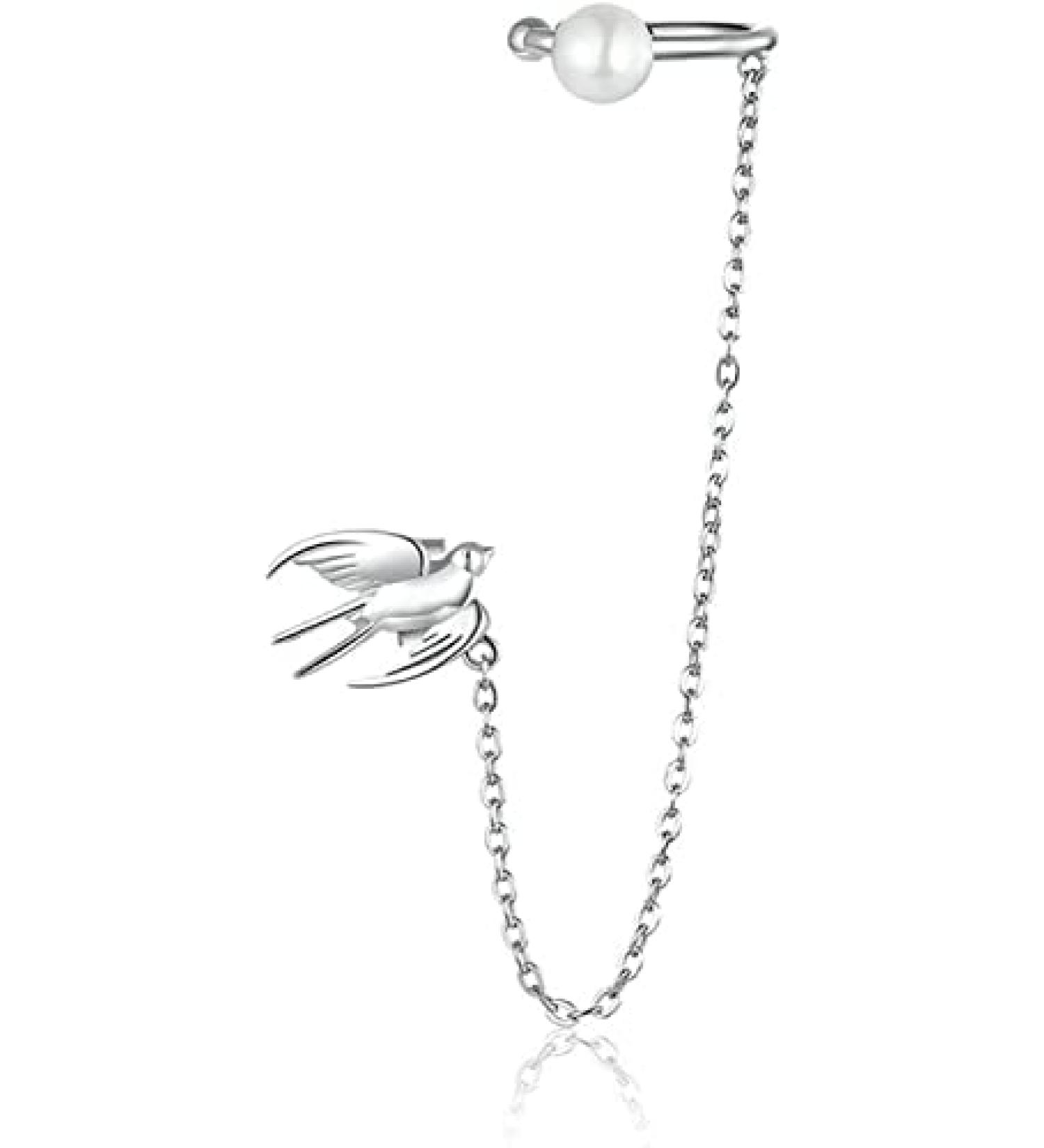Earrings for Women 1 Piece Sterling Silver Flying Swallow Ear Clip with Chain Earrings for Women Party Girl Elegant Jewelry - Buy Online on GoSupps.com