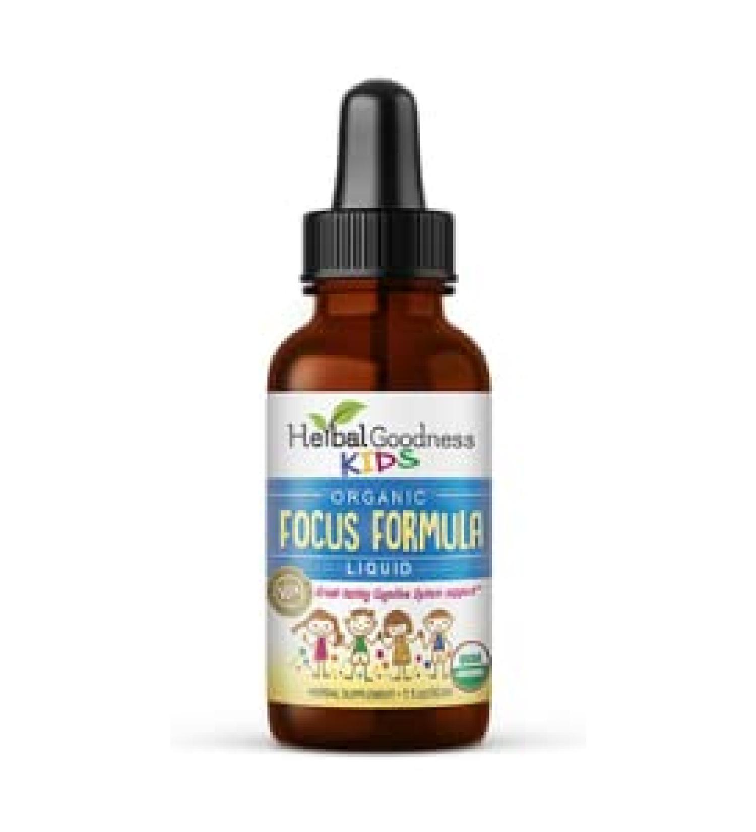 Kids Focus Formula Liquid Extract - Organic Ashwagandha & Moringa Supplement for Brain Support - Vegan 1oz Bottle - Herbal Goodness - Buy Online on GoSupps.com