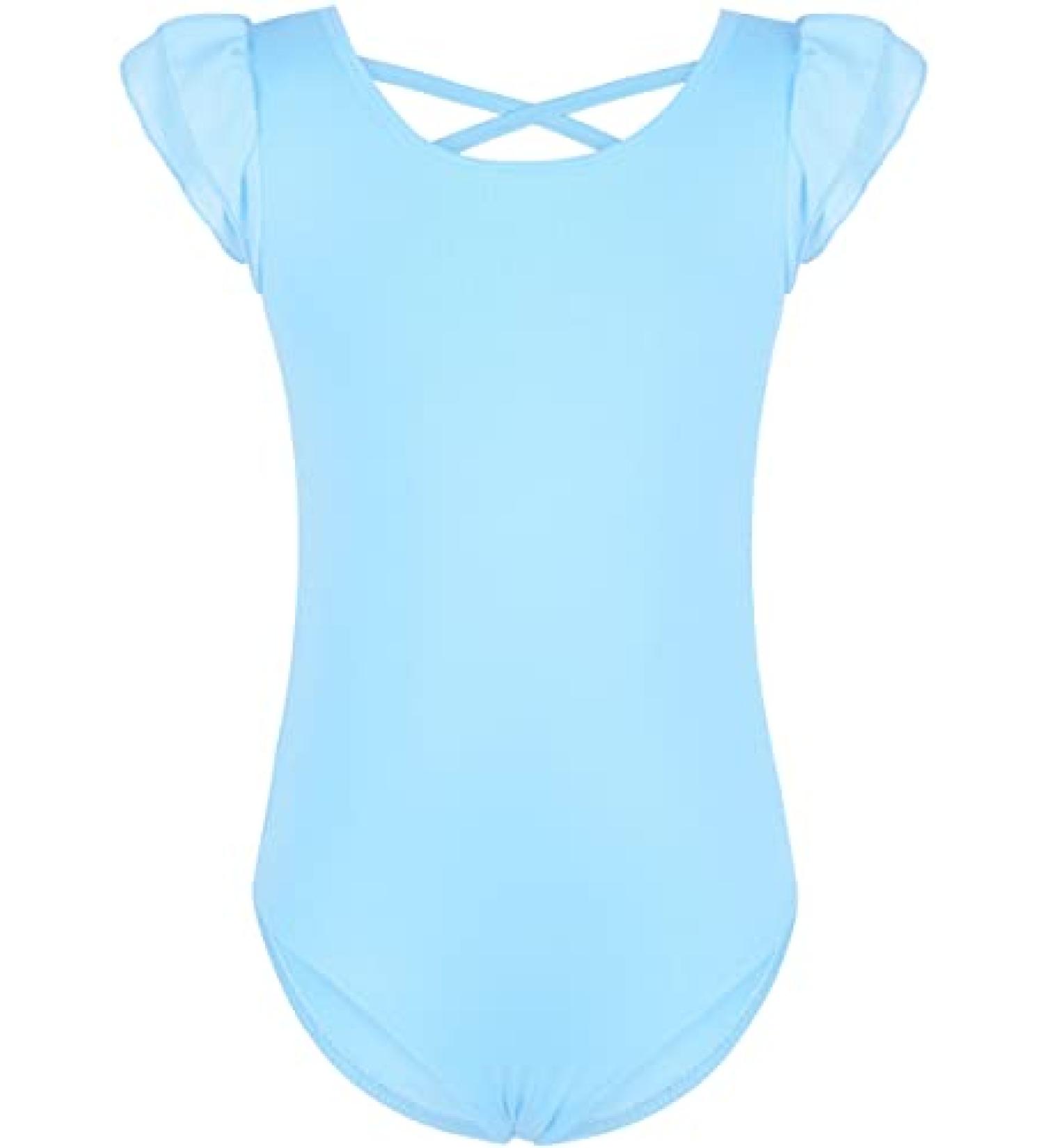 MOLLDAN Girls Dance Ballet Leotard | Short Sleeve | Criss Cross Straps | Ruffle Sleeve | Light Blue | Size 6-8 Years - Buy Online on GoSupps.com