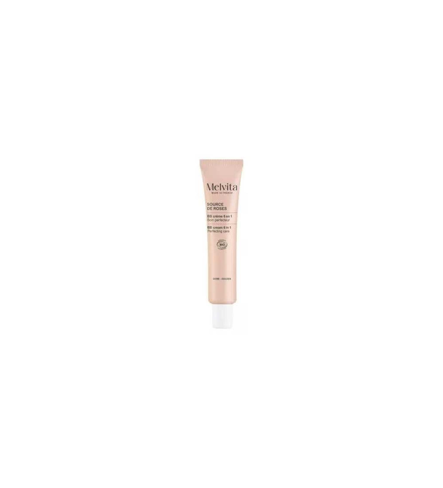 Melvita, Golden BB Cream Moisturizing and Protective, Natural and Luminous Finish, Organic Ingredients, Light Texture, Conceals Imperfections, Practical 40 ml Format, Source De Roses Range