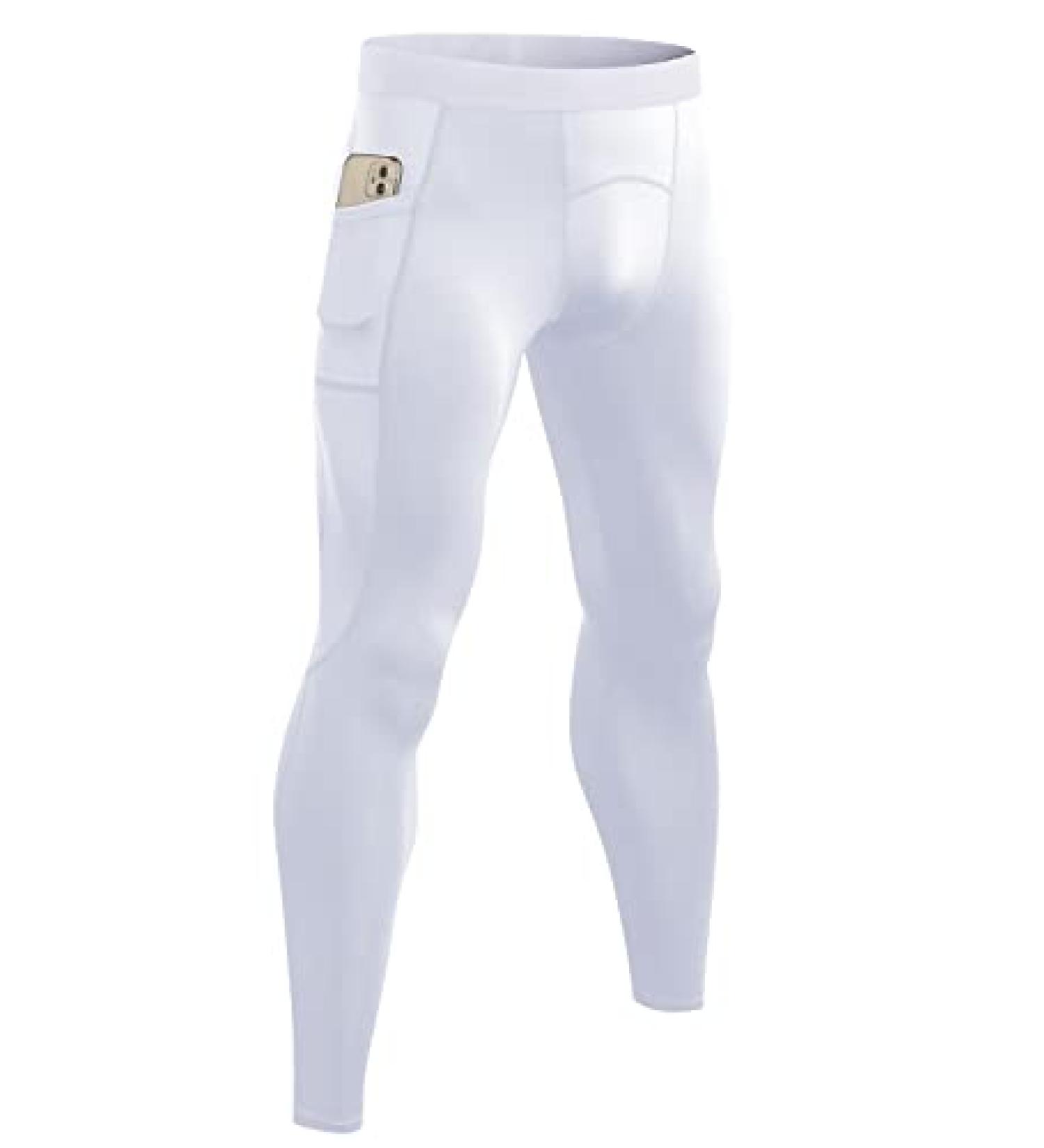 Men's White Cool Dry Compression Pants with Pocket - Medium | Active Workout Leggings for Running, Yoga, Basketball - Buy Online on GoSupps.com