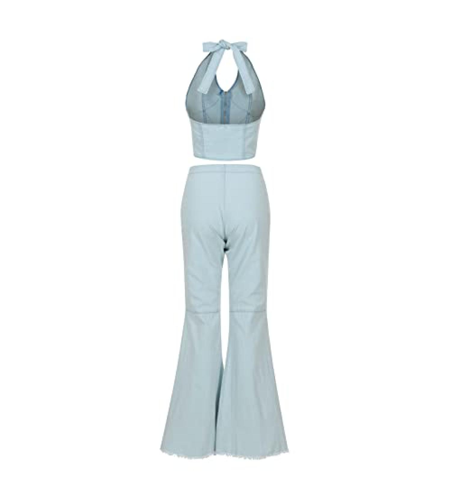 Women's Two Piece Zipper Halter Tank Top and Denim Flare Pants Set - Blue, Size Small - Buy Online on GoSupps.com