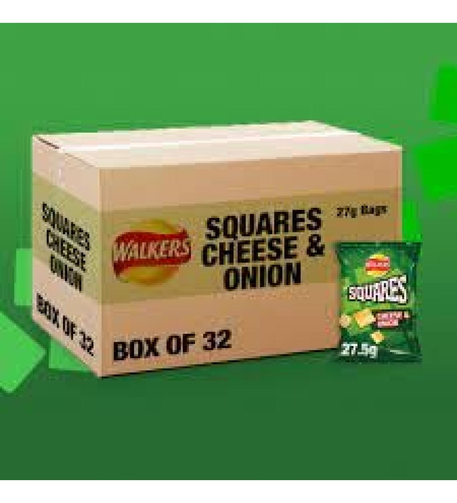 Walkers Squares Delicious Snacks 27.5g x Case of 32 Bags (Cheese & Onion)