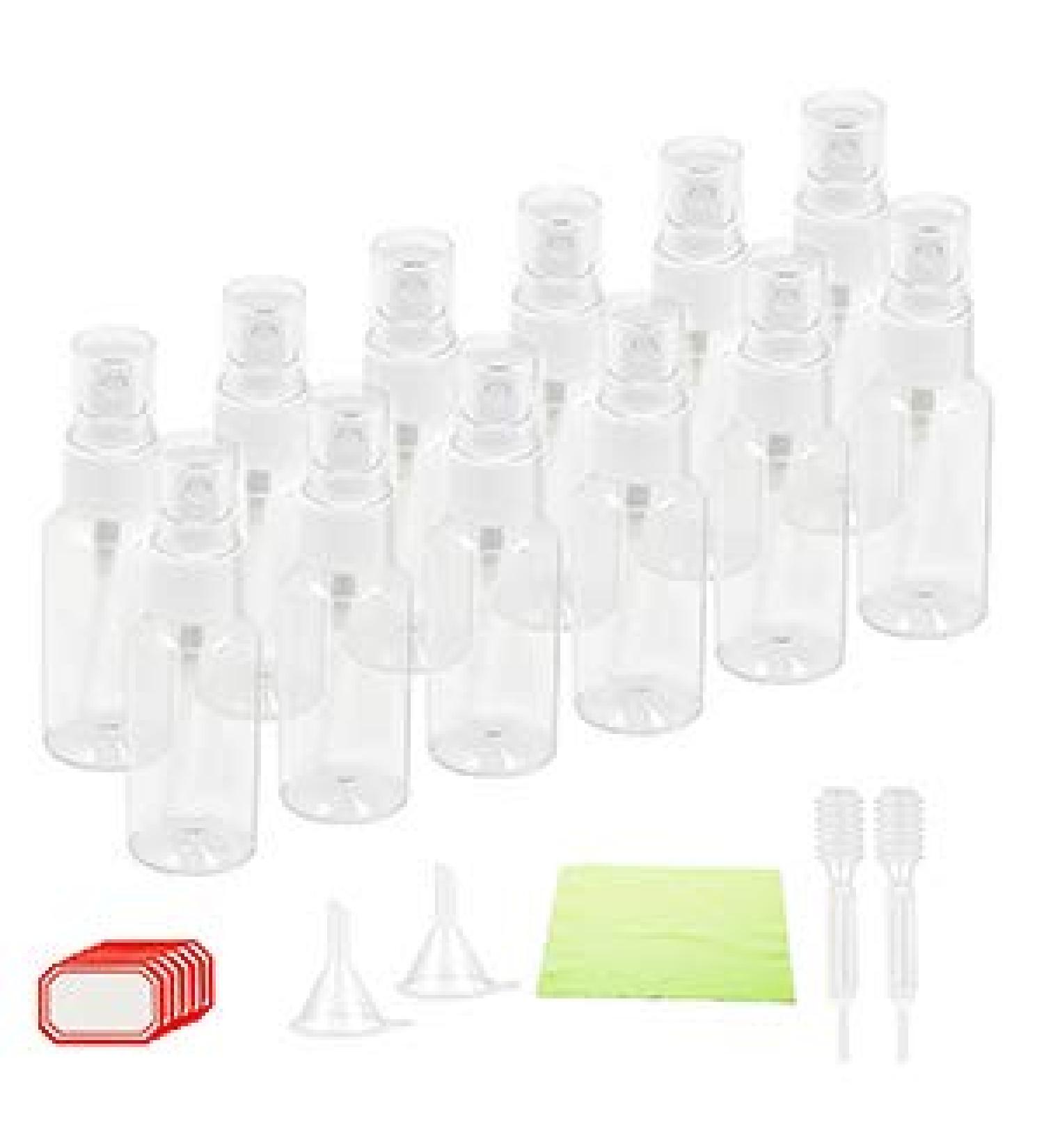 Bigkasi 12x30ml Refillable Travel Spray Bottles Set | Transparent Atomizer with Funnels & Pipettes | Ideal for Cleaning Liquids & Travel Essentials - Buy Online on GoSupps.com