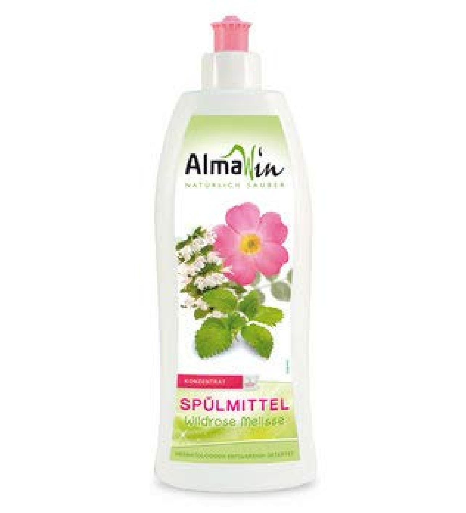 AlmaWin Eco Dishwashing Liquid Wild Rose & Lemon Balm 500ml concentrate for sparkling clean dishes vegan