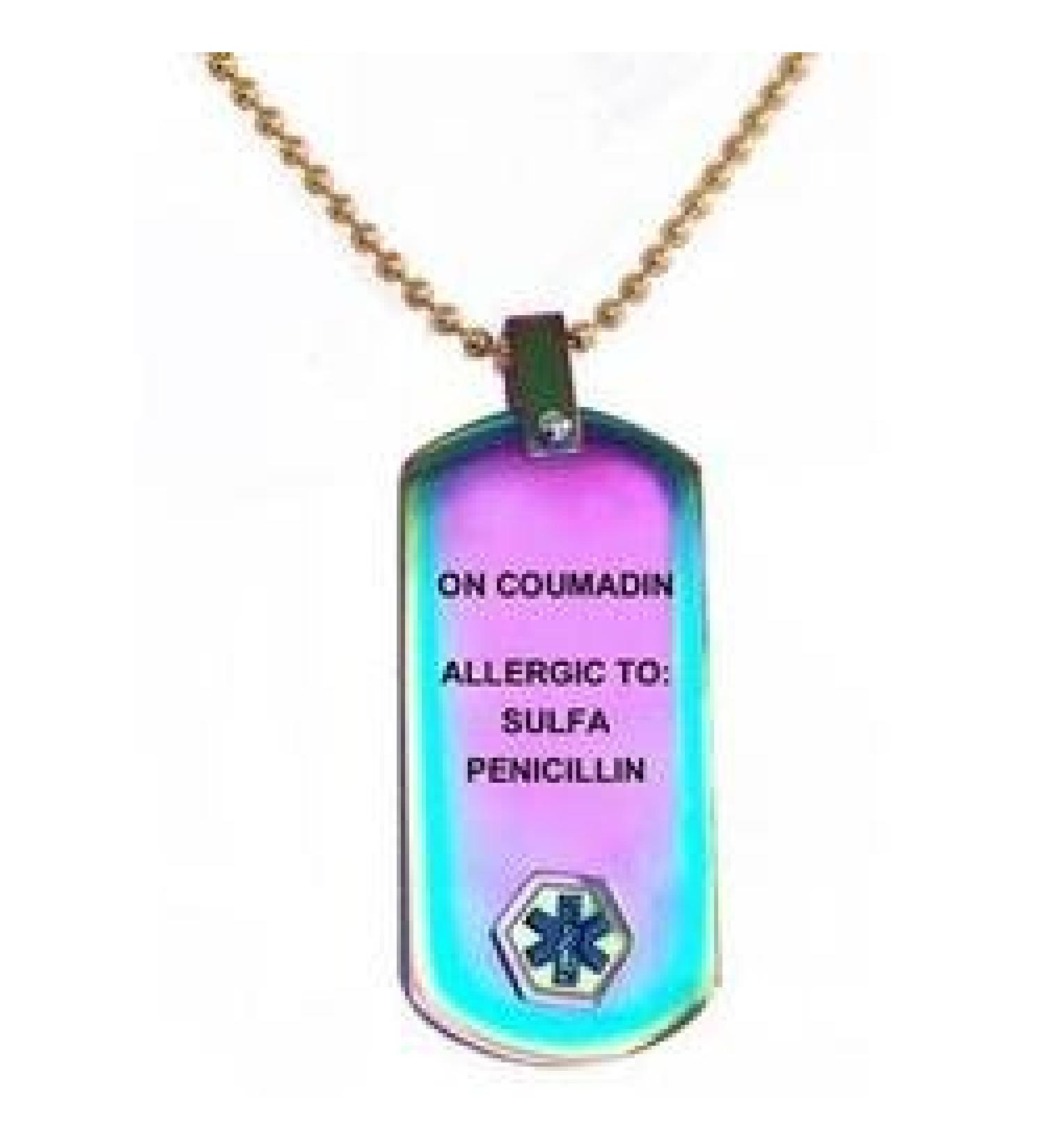 Allergic to Penicillin Medical Alert ID Dog Tag Pendant in Anodized Titanium Rainbow