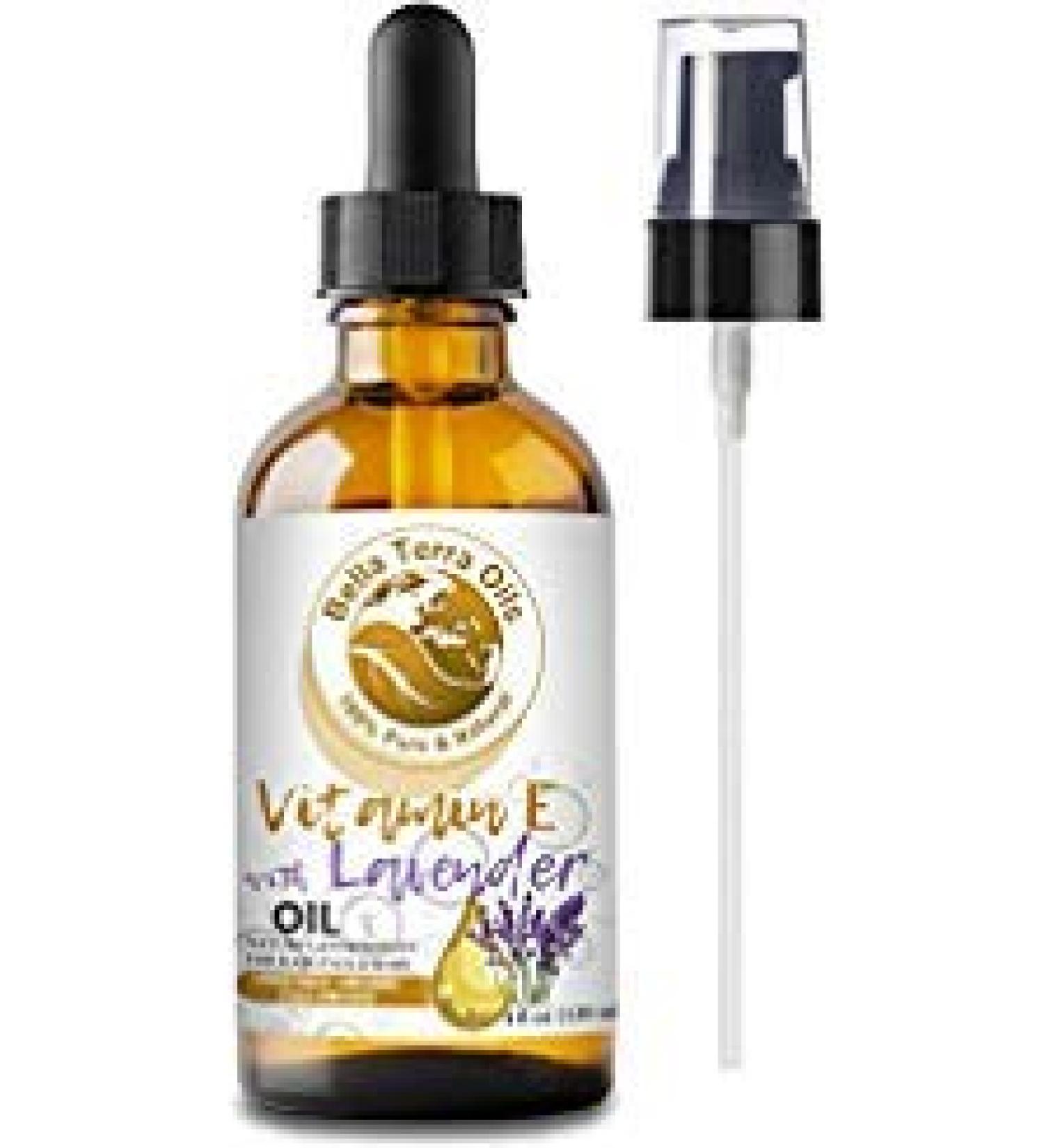 Bella Terra Oils - Lavender Infused Organic Vitamin E Oil 4oz - D-Alpha Tocopherol Richness Masterfully Blended with Lavender from Organic Wheat Germ to Your Skin