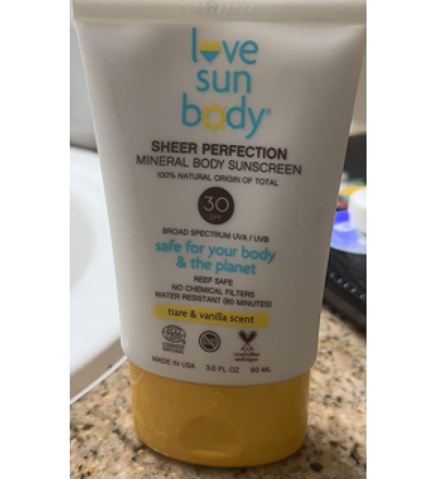 Love Sun Body 100% Natural Origin Sheer Perfection Mineral Body Sunscreen SPF 30 Broad Spectrum Tiare & Vanilla Scent  Sunblock Lotion  Sensitive Skin Safe  Travel Size  Reef Safe  Cosmos Natural