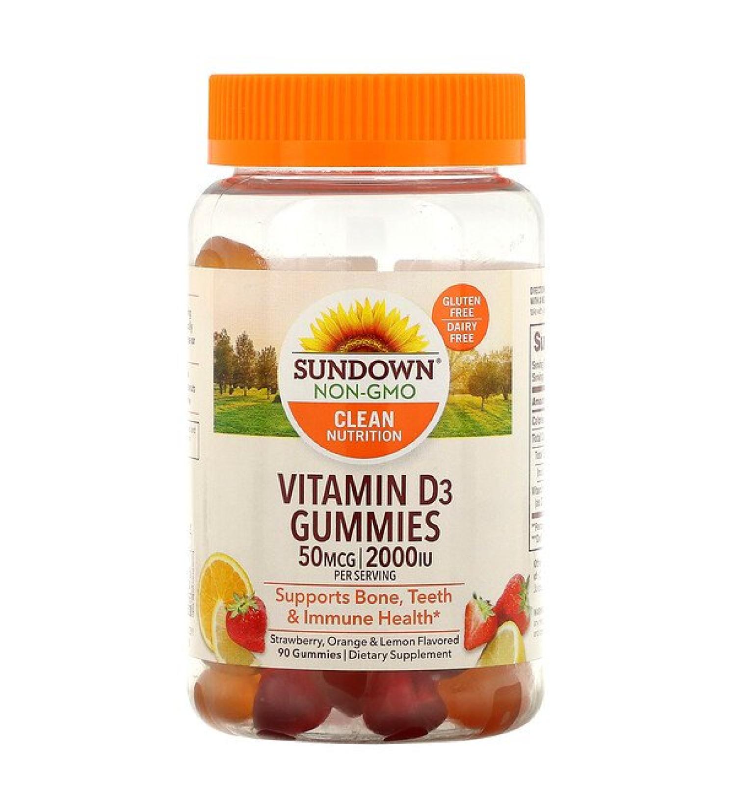 Sundown Naturals Vitamin D3 Gummies Strawberry Orange & Lemon Flavored 50 mcg (2000 IU) 90 Gummies