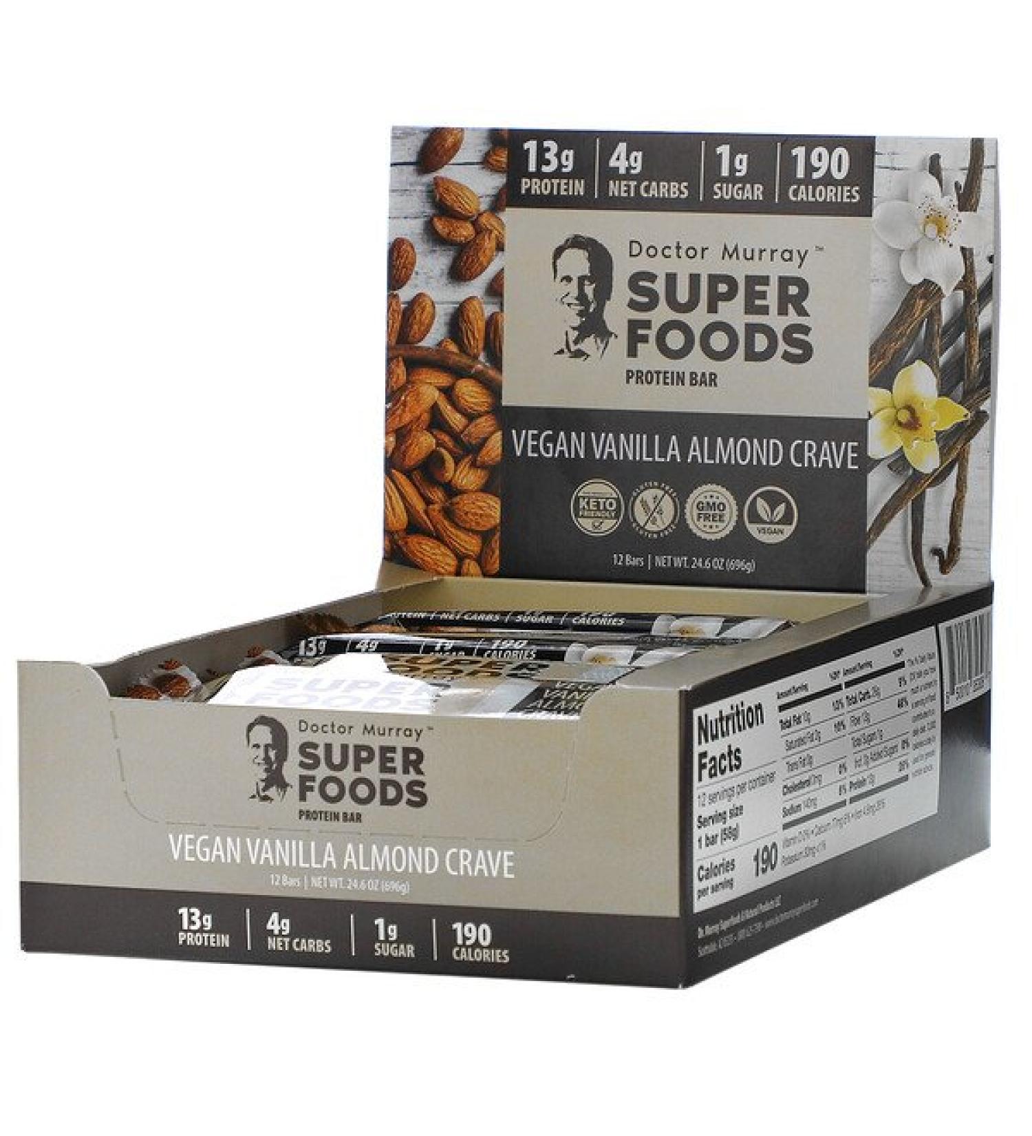 Dr. Murray's Superfoods Protein Bars Vegan Vanilla Almond Crave  12 Bars 2.05 oz (58 g) Each