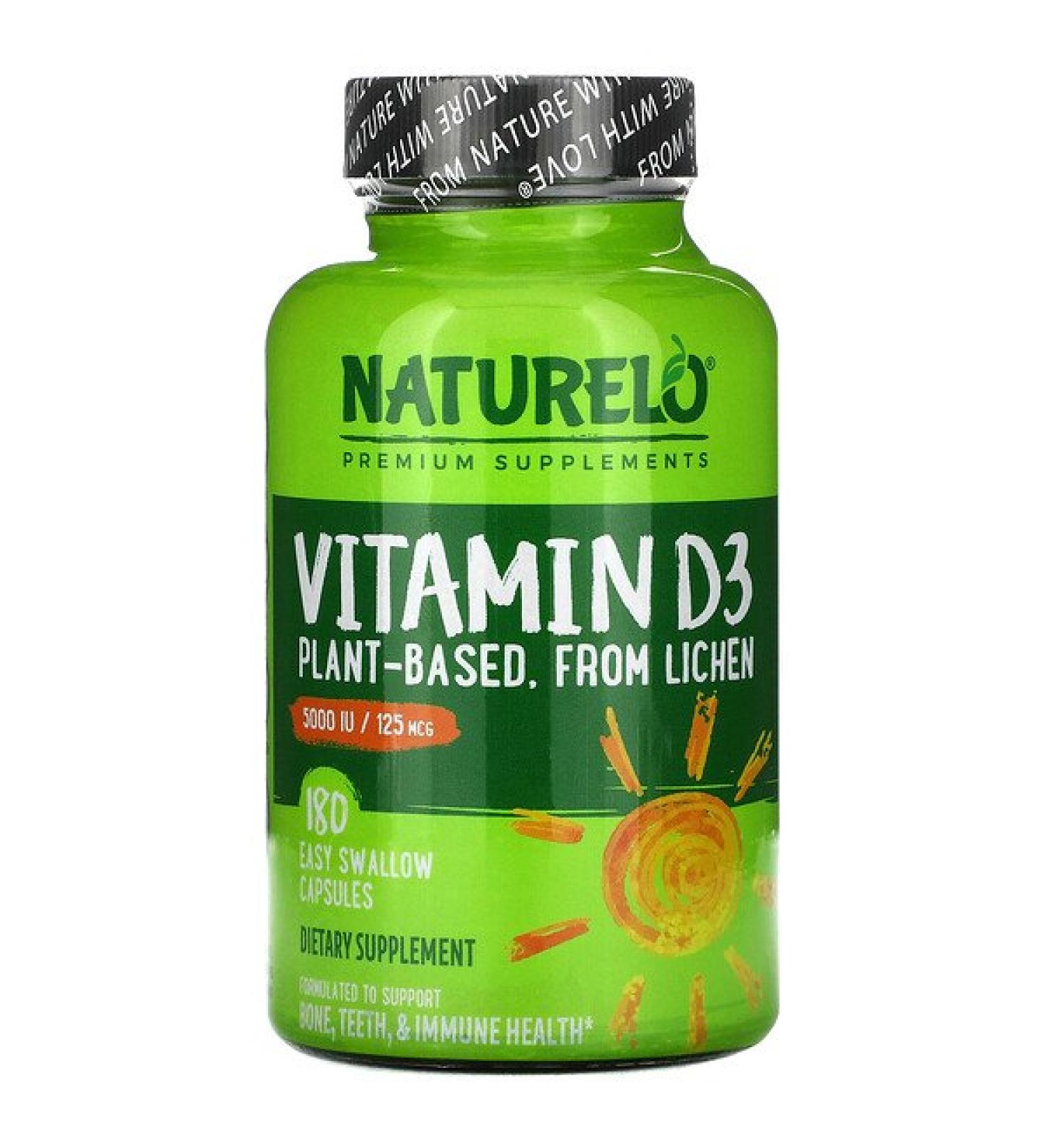 NATURELO Vitamin D3 Plant Based 125 mcg (5000 IU) 180 Easy Swallow Capsules