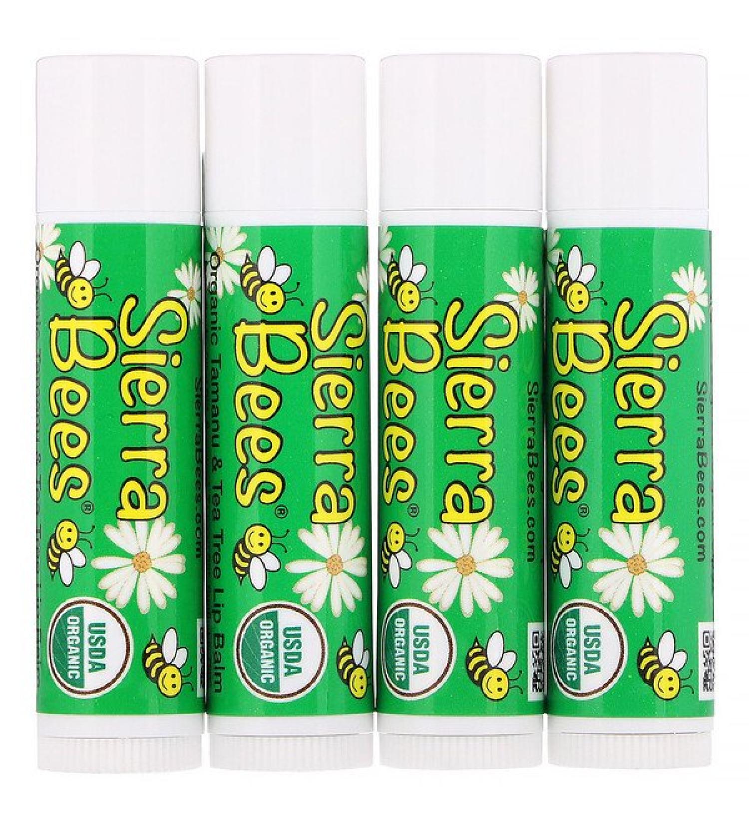 Sierra Bees Organic Lip Balms 4 Pack - Tamanu & Tea Tree, 0.15 oz Each - Natural Moisturizer - Buy Online on GoSupps.com