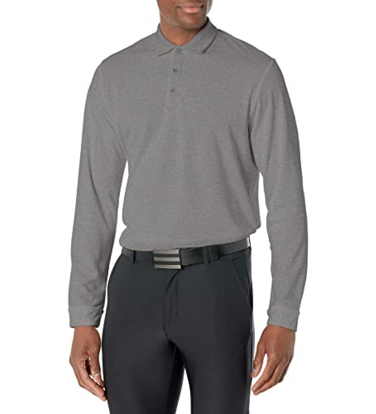 adidas Men's UPF Long Sleeve Polo Shirt Grey Three Melange X-Large