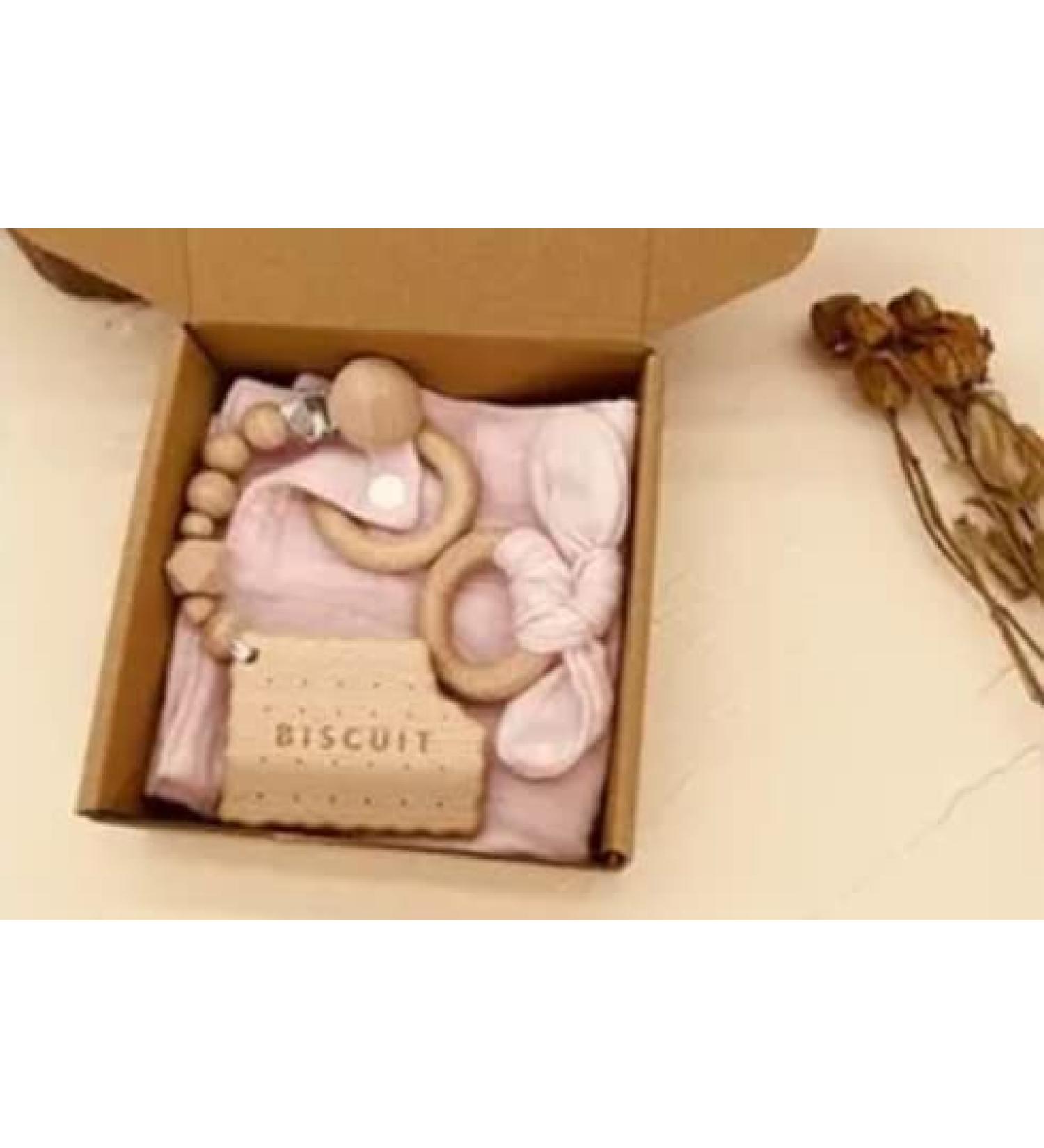 3 Pcs Baby Wooden-Cotton Teether Set-Pink