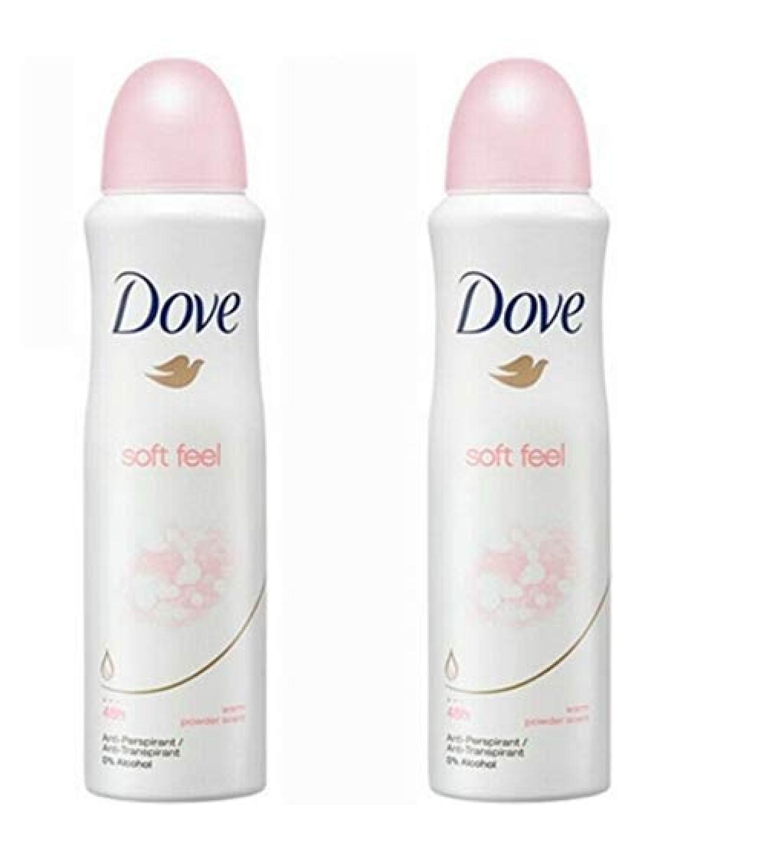 2 Pack Dove Soft Feel Antiperspirant Deodorant Spray, 150ml Each
