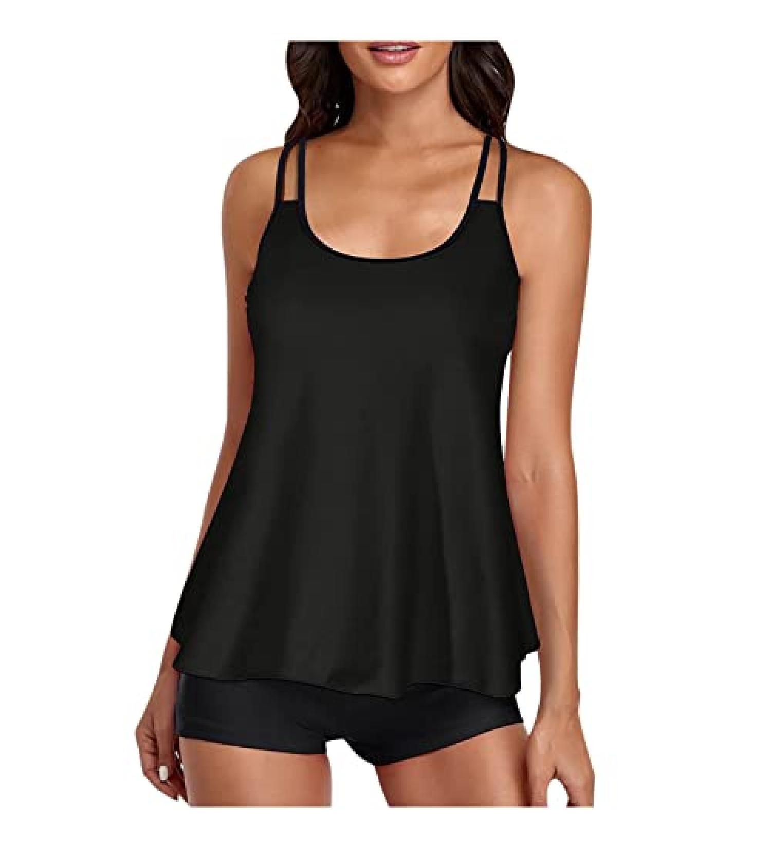 Large Black Tankini Swimsuit Set | Women's Two Piece Bathing Suit with Tummy Control Shorts - Buy Online on GoSupps.com