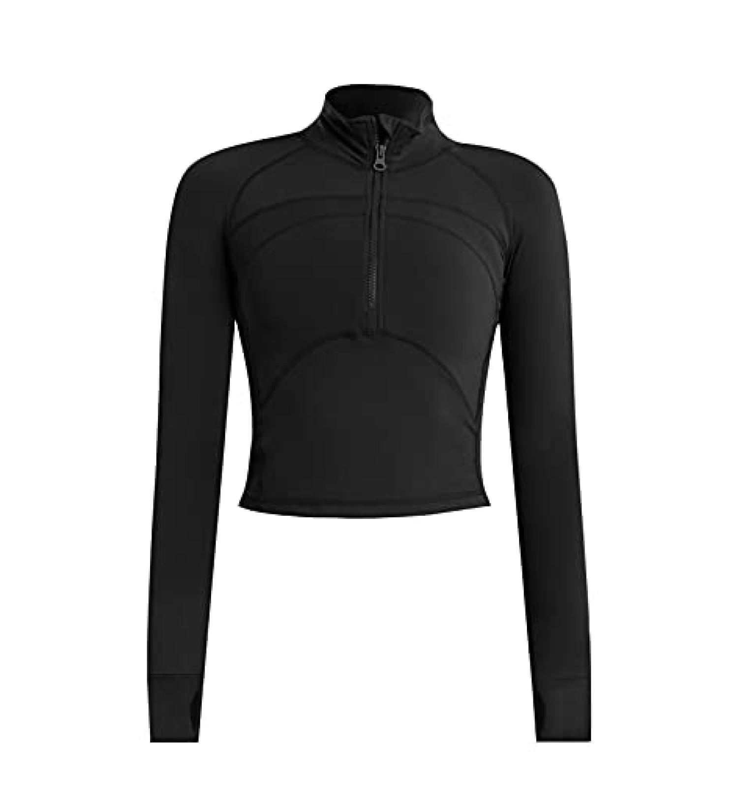 Women's Black Cropped Workout Jacket - Slim Fit 1/2 Zip Pullover for Running & Yoga | Size Small - Buy Online on GoSupps.com