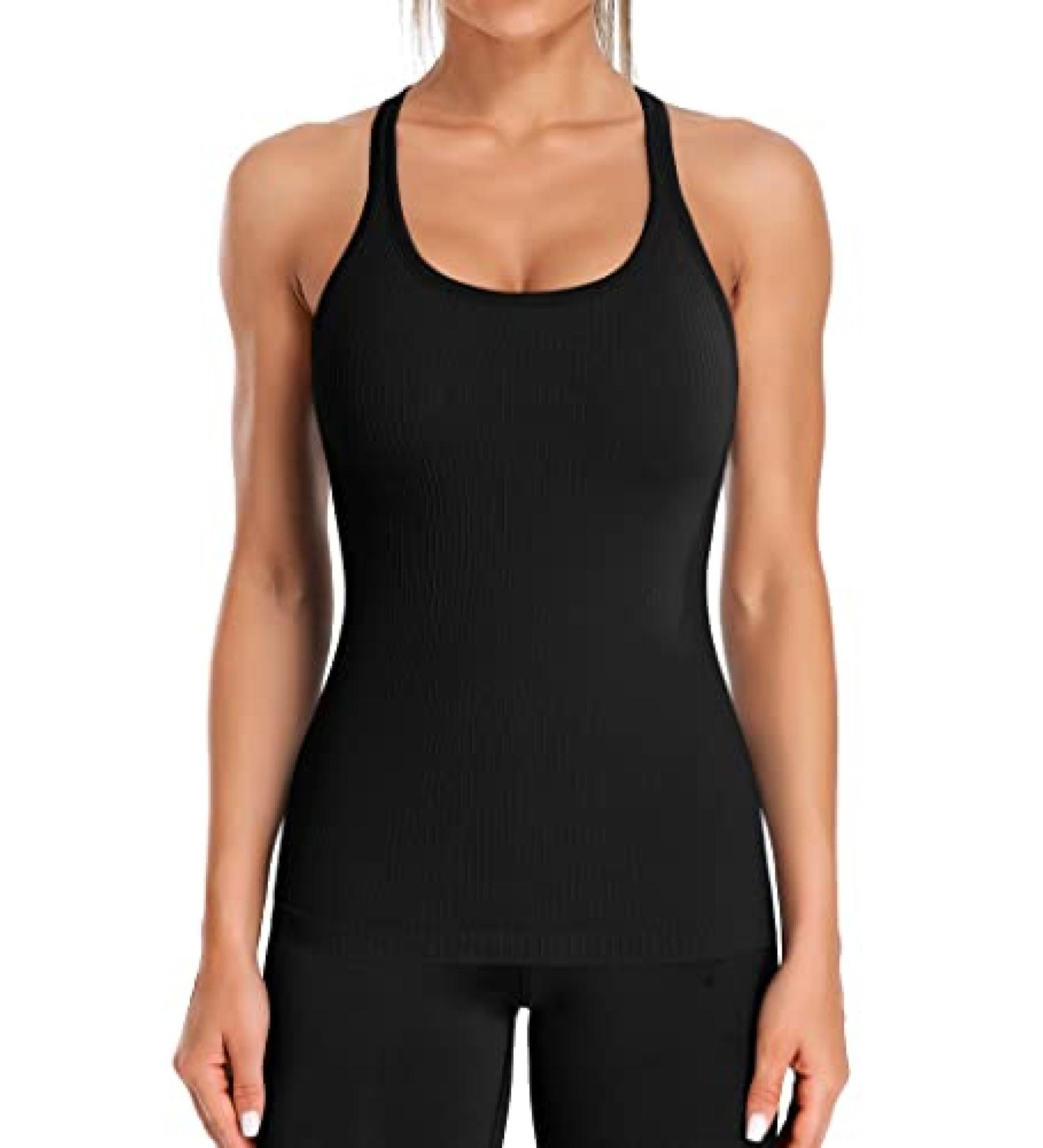 ATTRACO Ribbed Tank Top with Built In Bra Racerback Scoop Neck Athletic Top Black Large