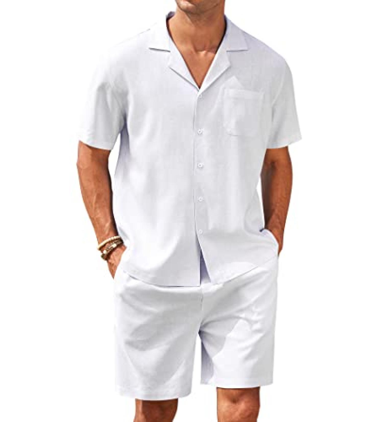 COOFANDY Men's Linen Short Sleeve Hawaiian Shirt Set - Large White - Buy Online on GoSupps.com