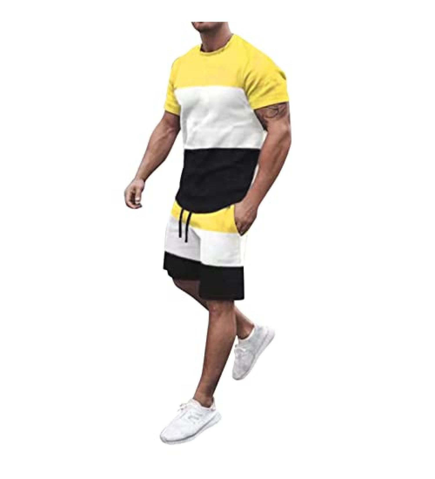 Men's 2 Piece Sport Suit Set | Fashion Print T-Shirt & Shorts | Yellow Sportwear - Size Small - Buy Online on GoSupps.com