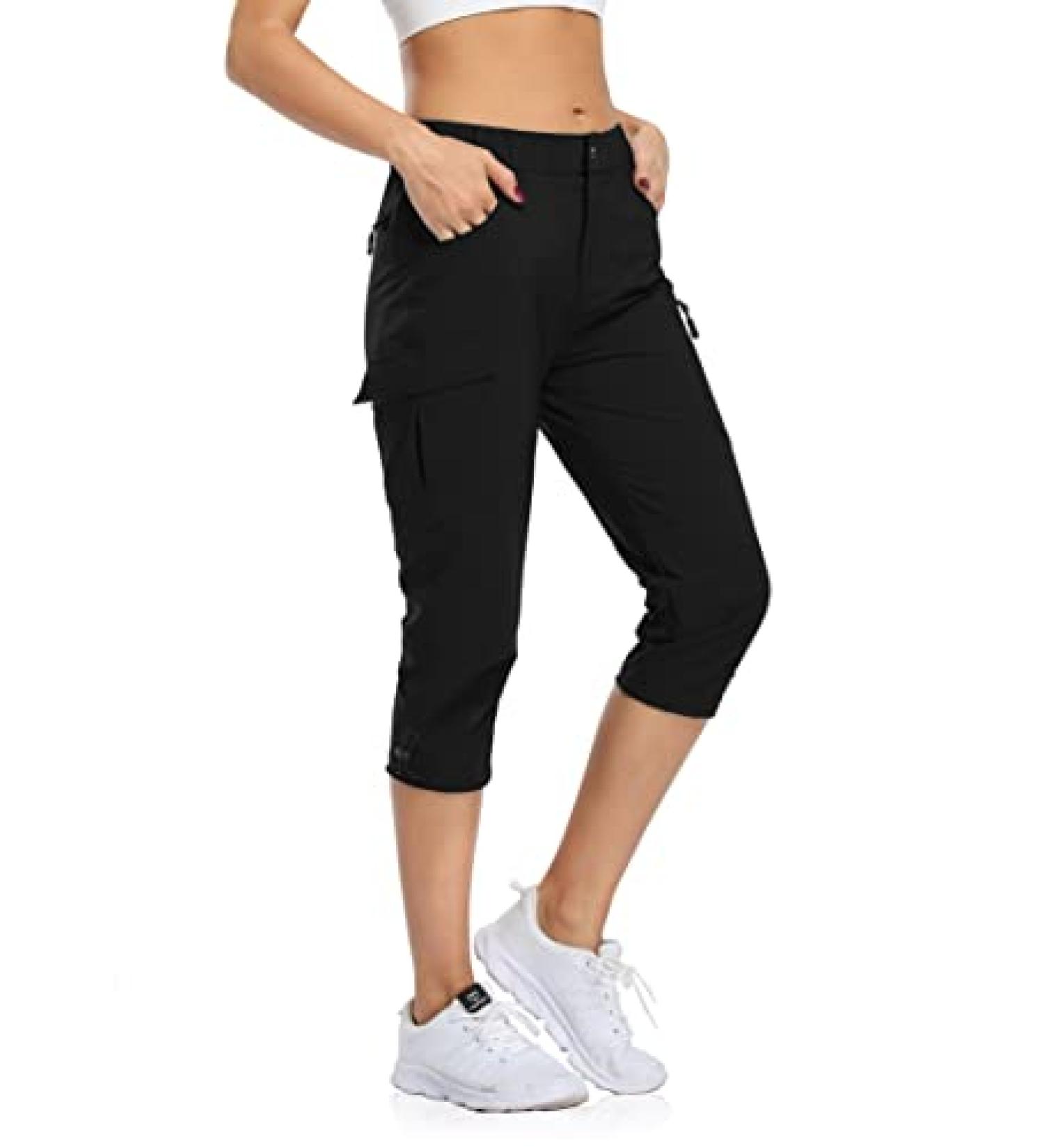 Flewolch Women's Cargo Capri Hiking Pants - Black, Lightweight & Water-Resistant UPF 50 Capris with Zipper Pockets - Size Large - Buy Online on GoSupps.com