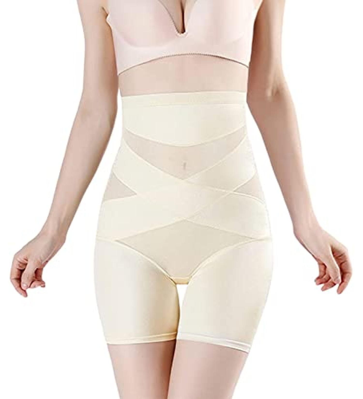 Women's Beige Medium Cross Compression Abs Shaping Pants | Tummy Control, Butt Lift, Slimming Body Shaper - Buy Online on GoSupps.com