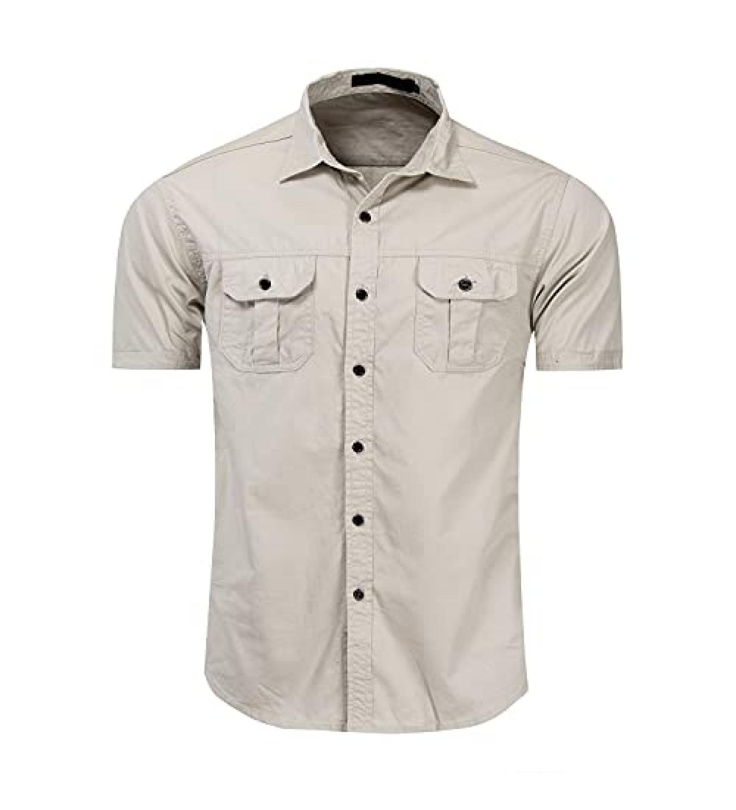 Men's Military Short Sleeve Cargo Shirt - Khaki Large | Slim Fit Tactical Dress Shirt with Pockets - Buy Online on GoSupps.com