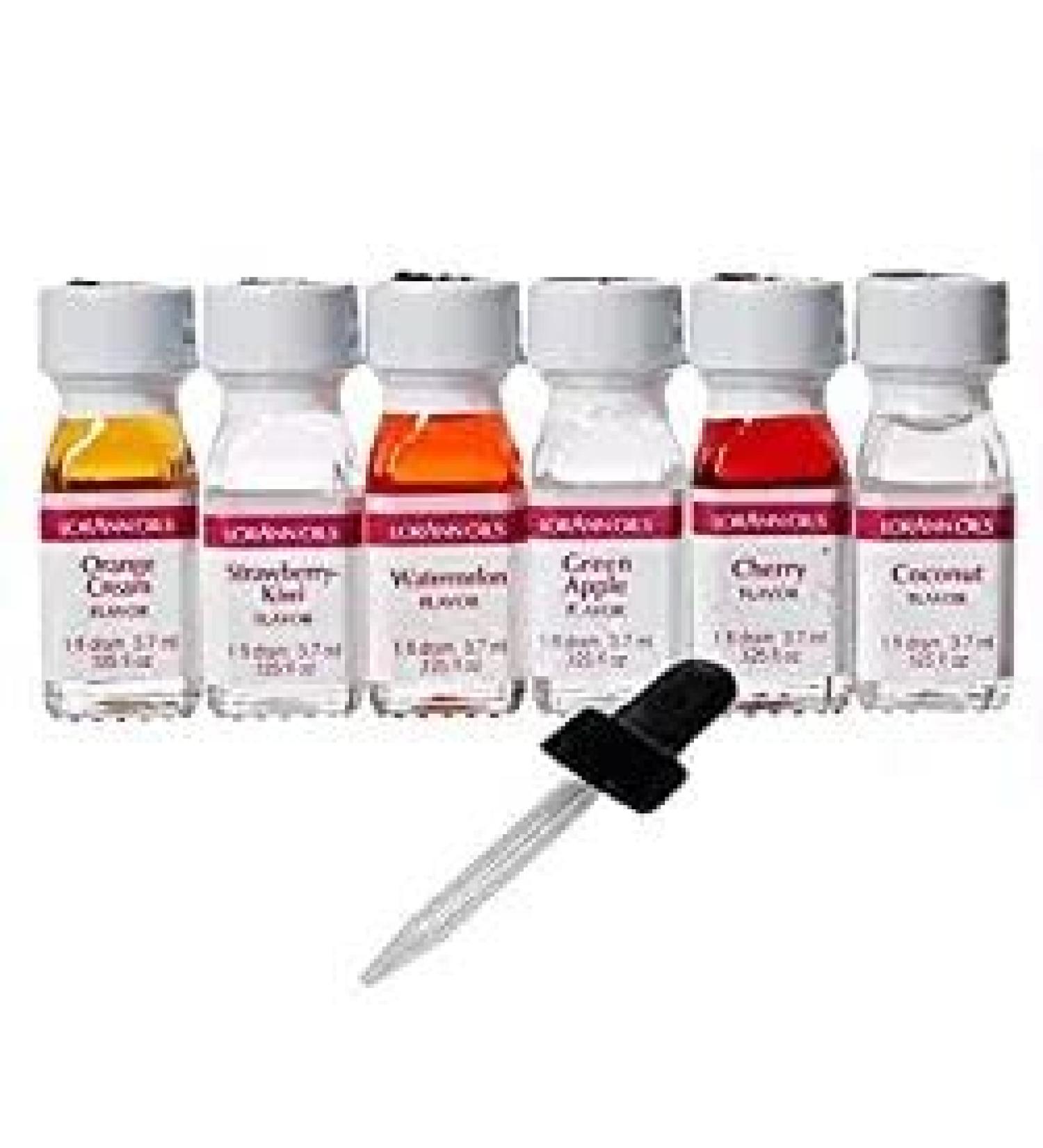 Lorann Oils Super Strength (Strawberry Kiwi Orange cream Watermelon Green apple Coconut and Cherry) Variety Pack of 6 with free 1 Ounce Dropper