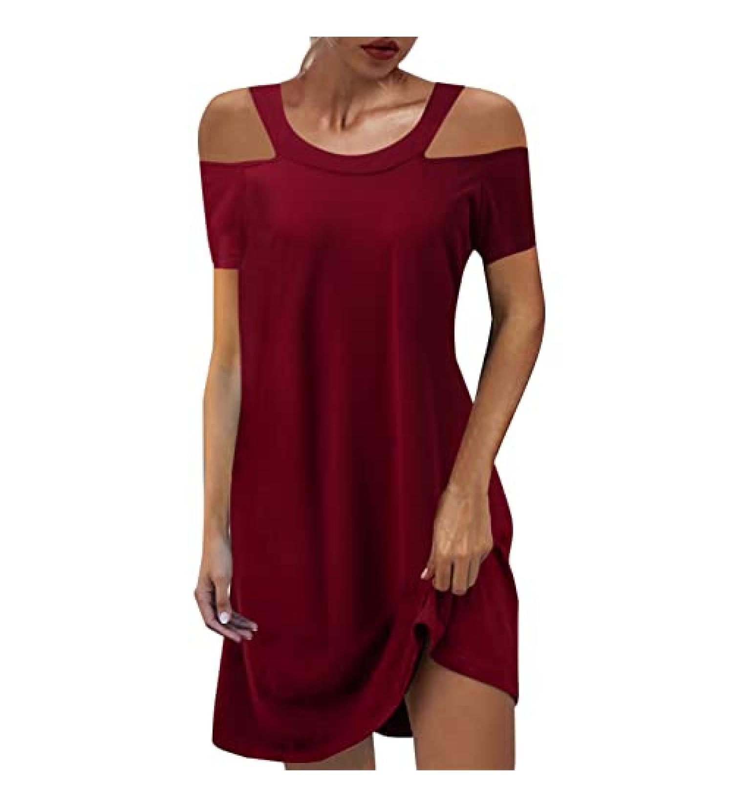 Women's Off The Shoulder Summer Dress - V Neck Casual Mini Dress in Solid Wine Color - XX-Large - Buy Online on GoSupps.com
