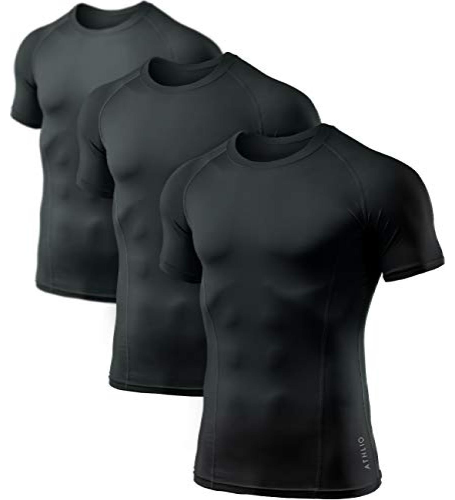 ATHLIO Men's Cool Dry Short Sleeve Compression Shirts - 3 Pack, Black, Size Large - Buy Online on GoSupps.com