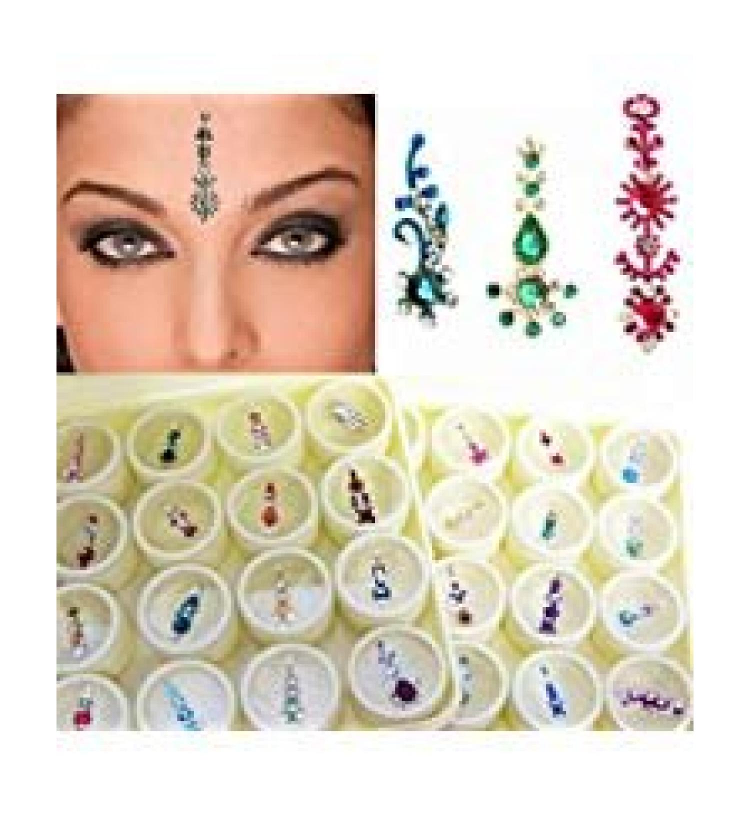 Bindi Box Long Multicolored Crystal Bindis - Bridal Forehead Tika temporary tattoo wedding face Jewels makeup (Pack of 20 Bindis) 20 Count (Pack of 1)
