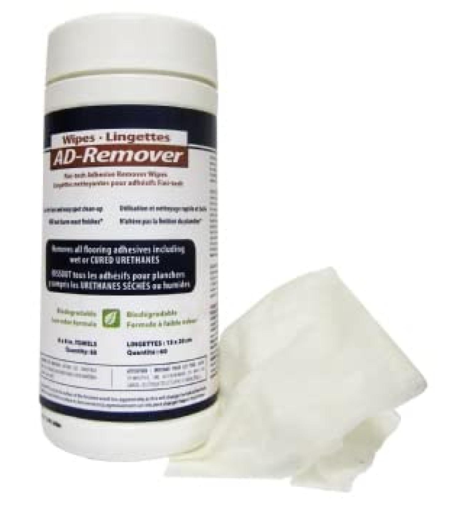 AcoustiTECH WIPES AD-REMOVER Made to clean floor adhesives they will not affect the floor finish. Biodegradables and with low odor these wipes are eco-friendly and fun to use.