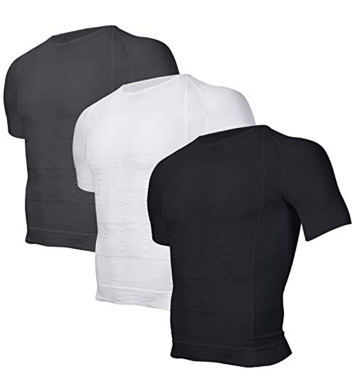 Odoland Men's Slimming Shirt 3-Pack - Thermal Compression Base Layer for Slim Muscle - White/Grey/Black, Large - Buy Online on GoSupps.com