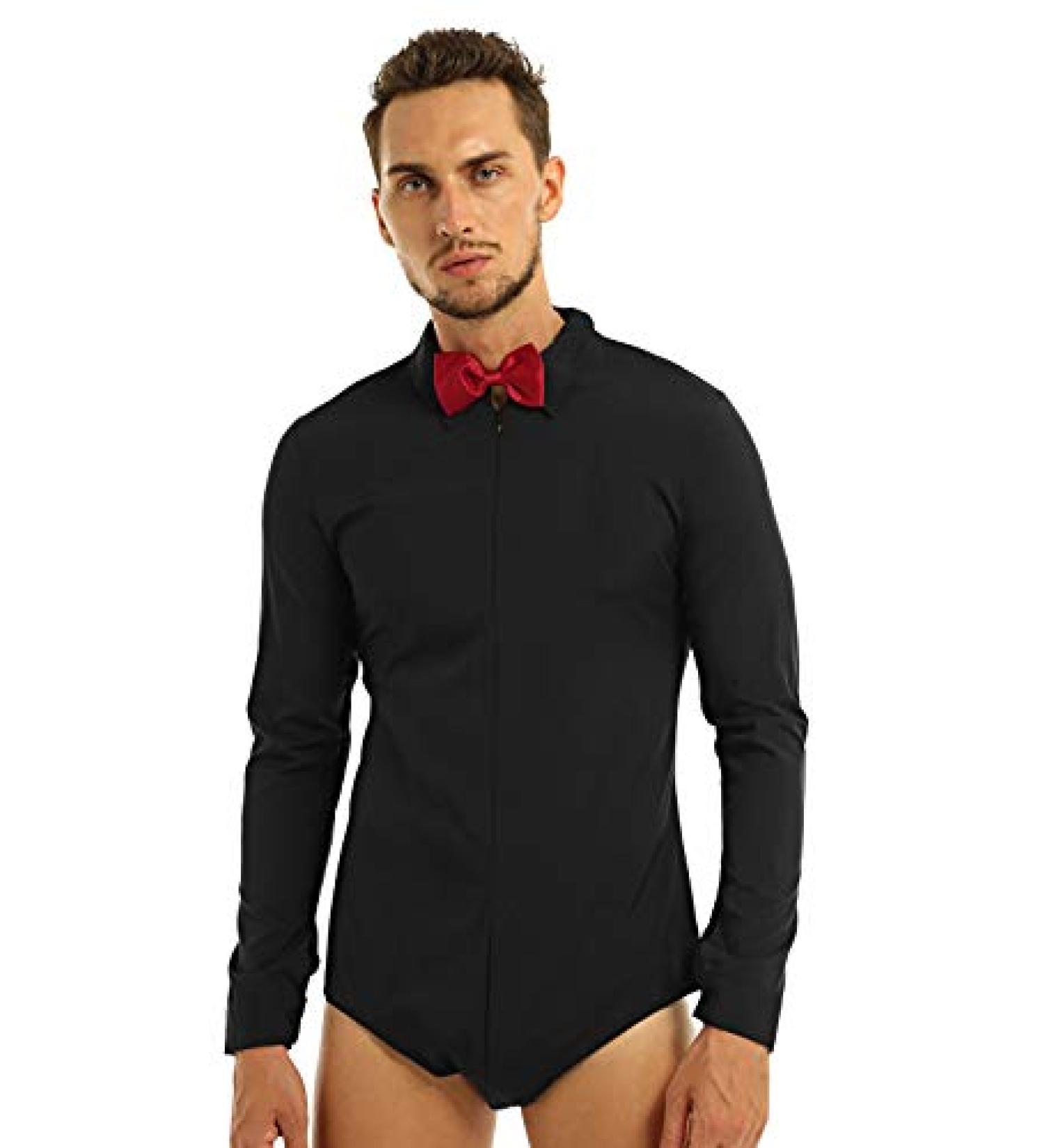 Agoky Men's Latin Dance Leotard Shirt Zipper T-Shirt Long Sleeve Romper Black Medium - Buy Online on GoSupps.com
