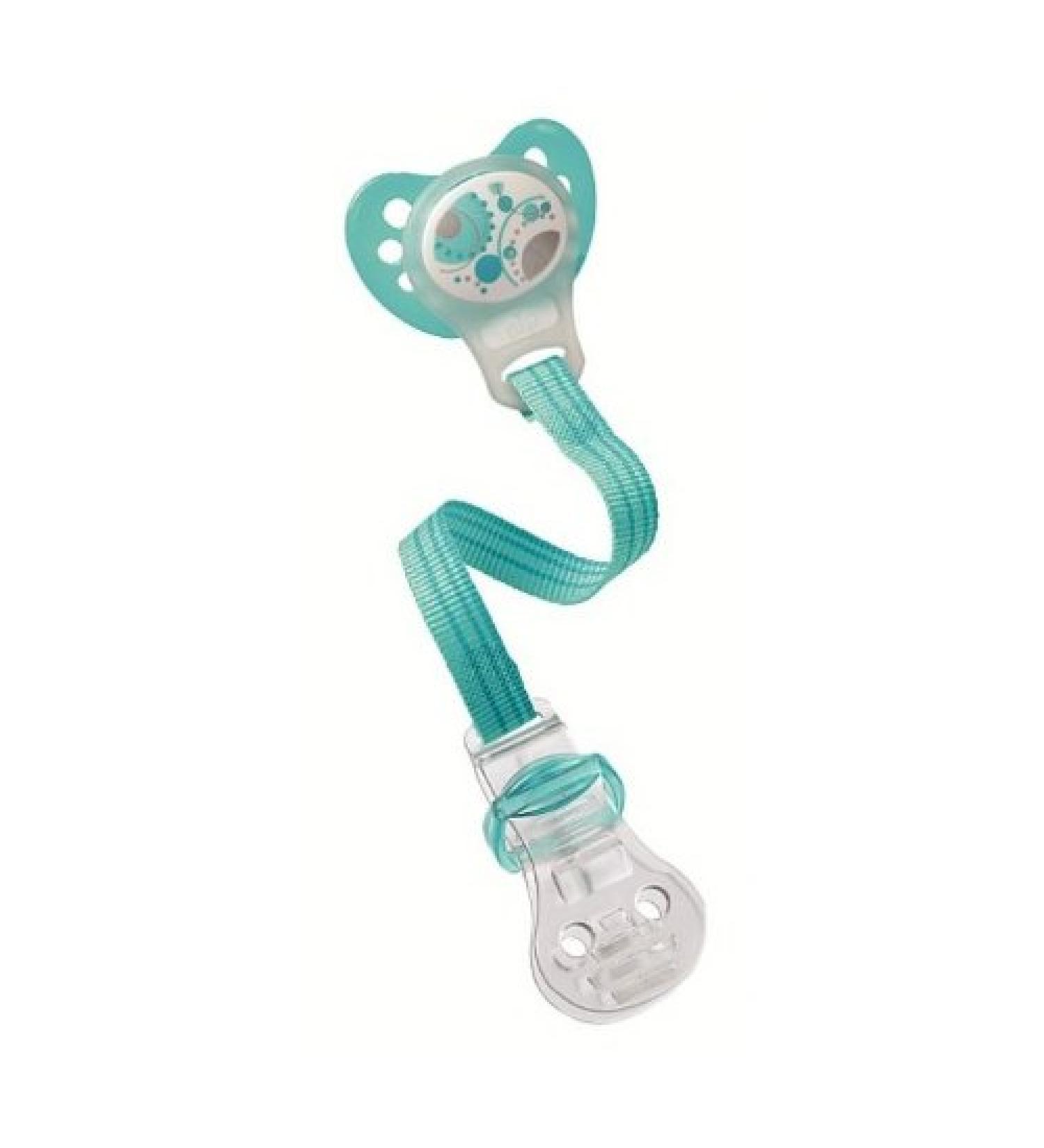 nip baby pacifier strap / pacifier chain for pacifiers WITHOUT grip ring band in turquoise striped