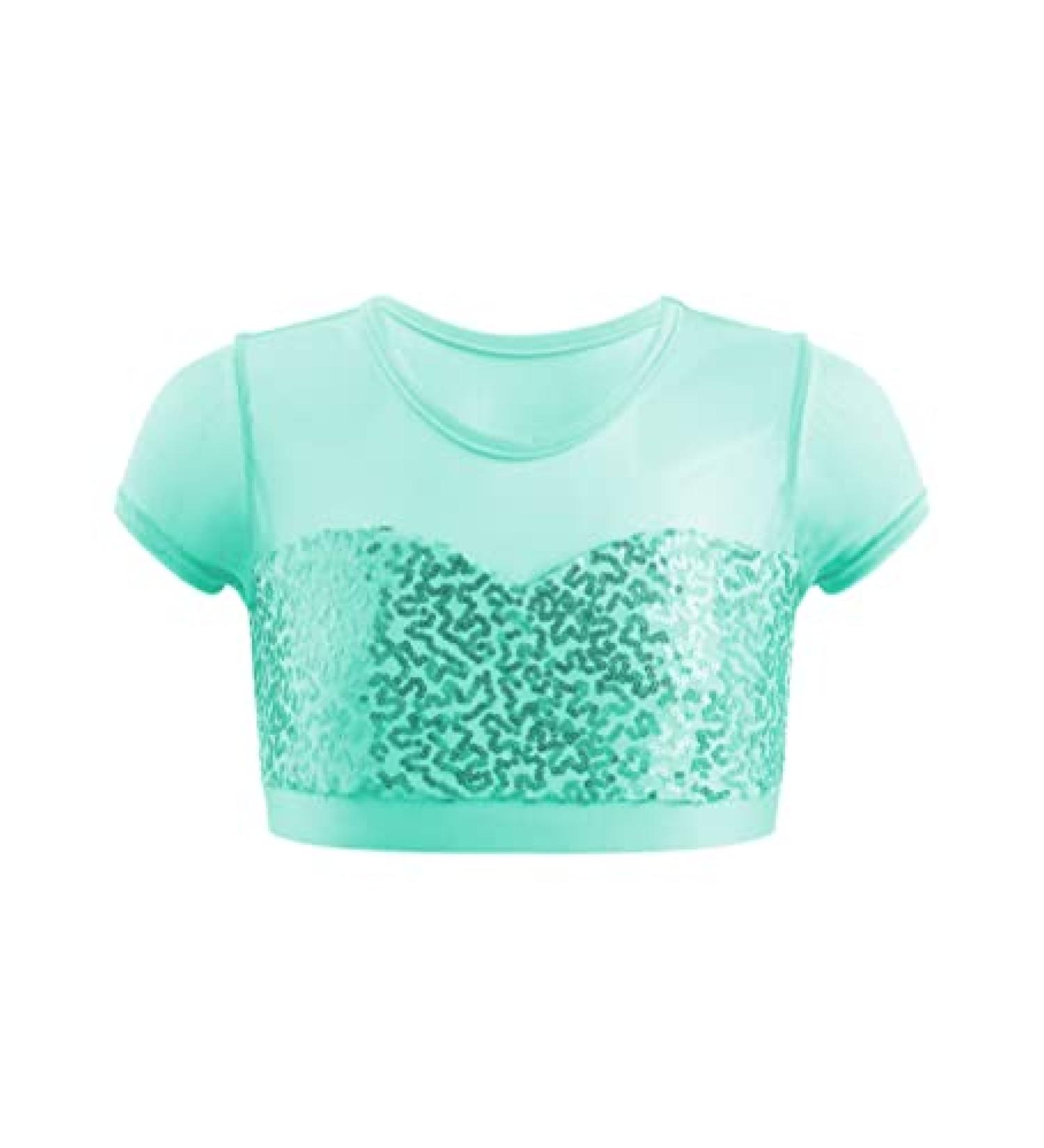 Aislor Girls Sparkly Sequins Cap Sleeve Fitness Crop Top - Mint Green, 6 Years - Buy Online on GoSupps.com