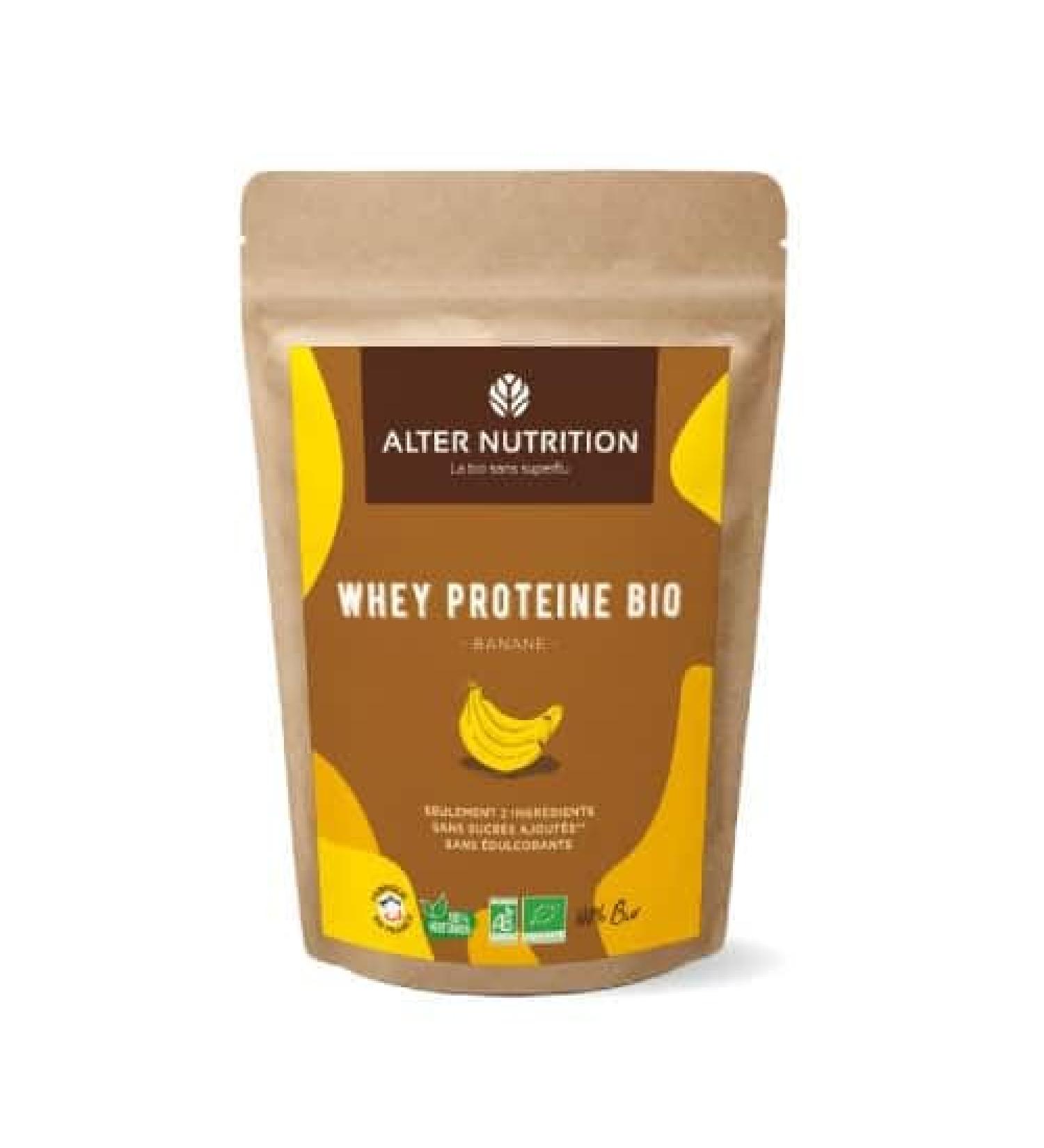 ALTER NUTRITION - Organic Whey Protein - Banana - Mass Gain - Recovery - BCAA - Organic Cow's Milk - No Added Sugars - Made in France - 18g of Protein per Scoop - 1kg Bag
