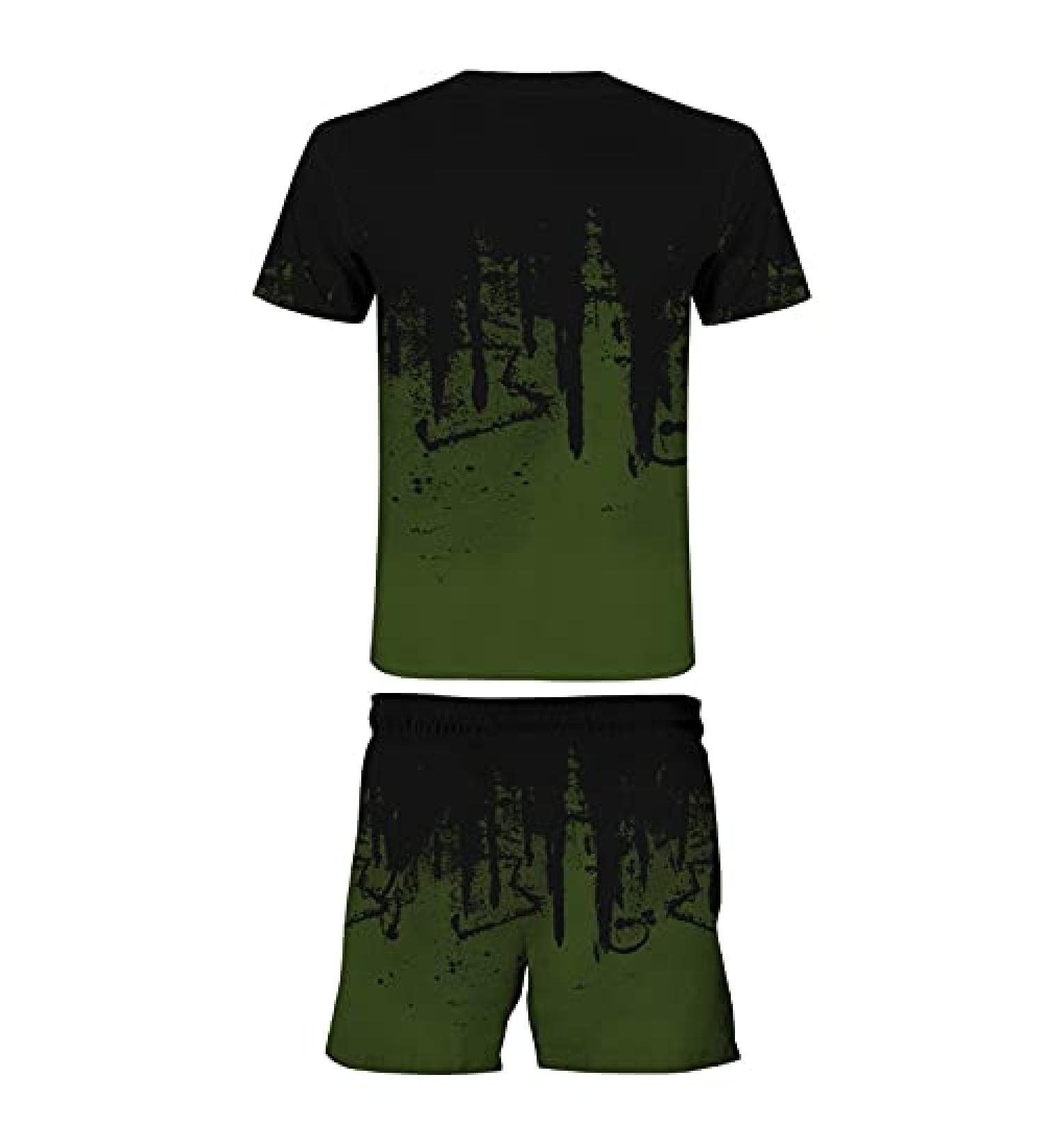 QUNPIU Men's Two-Piece Sport Suit Set - Green Fashion Print Shirt & Shorts - Size Medium - Buy Online on GoSupps.com