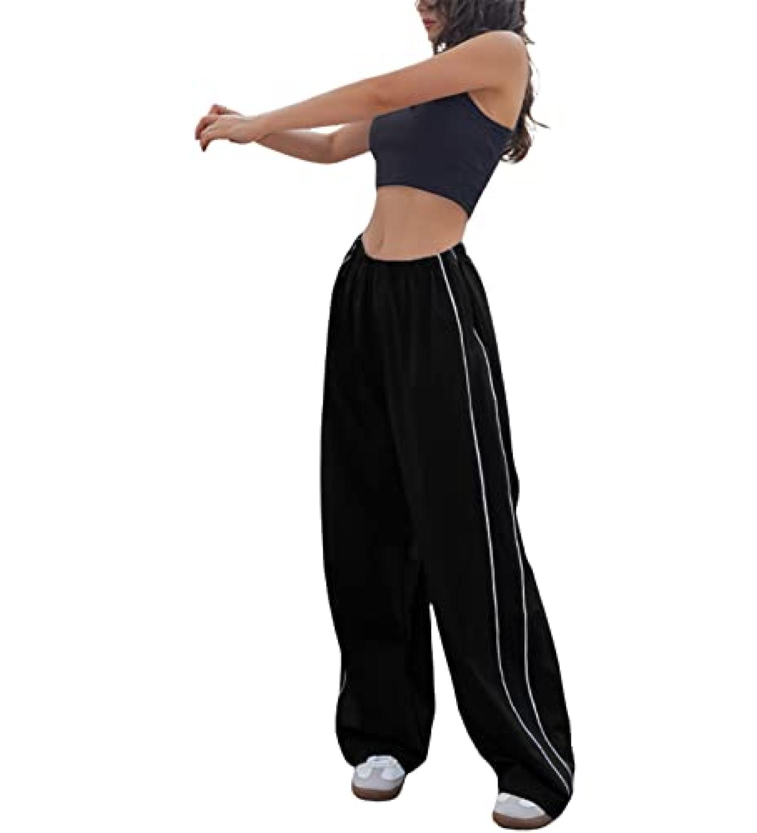 Athlisan Women s Y2K Black Parachute Pants Baggy Wide Leg Track Pants Large