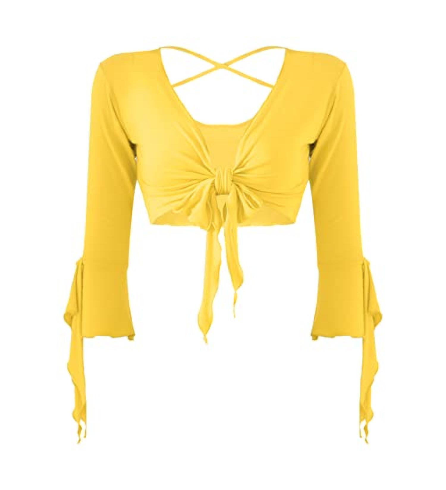 YiZYiF Women's Yellow Ballroom Dance Top with Tulle Flared Sleeves - Lace-Up Belly Latin Practice Costume - Buy Online on GoSupps.com