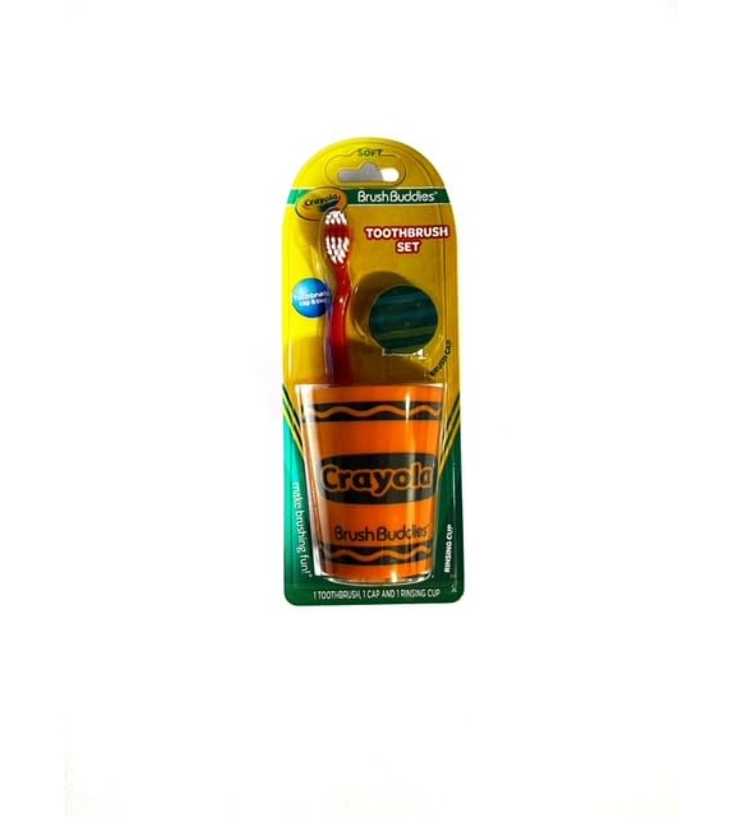 Brush Buddies Crayola Toothbrushes Kit (Toothbrush Cup and Brush Cap) 3PC w/Phyphys Tip Card (Orange/Red)