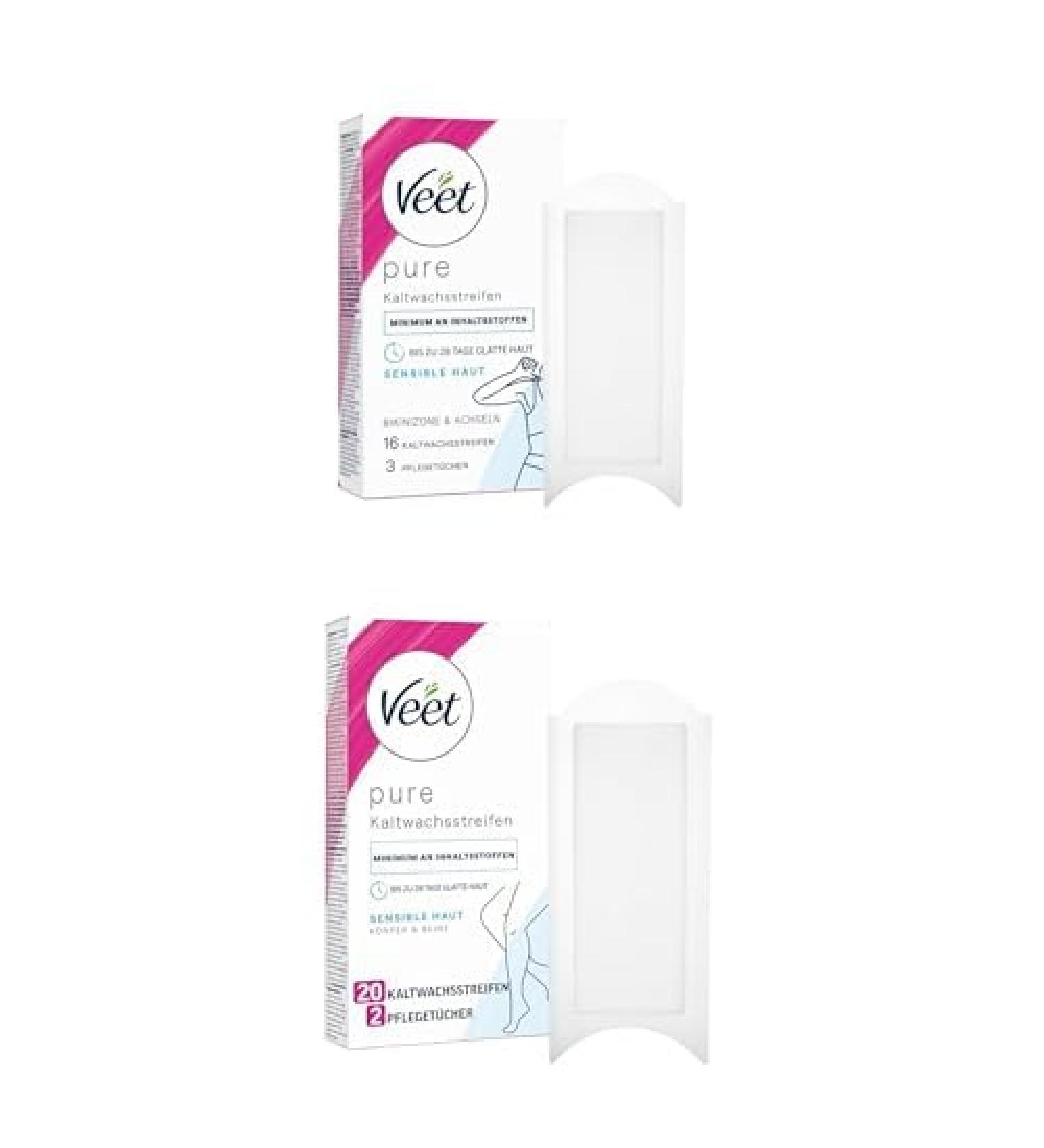 Bundle of Veet Pure cold wax strips for bikini zones and armpits + veet pure cold wax strips for body arms & legs - hair removal for sensitive skin - up to 28 days smooth skin