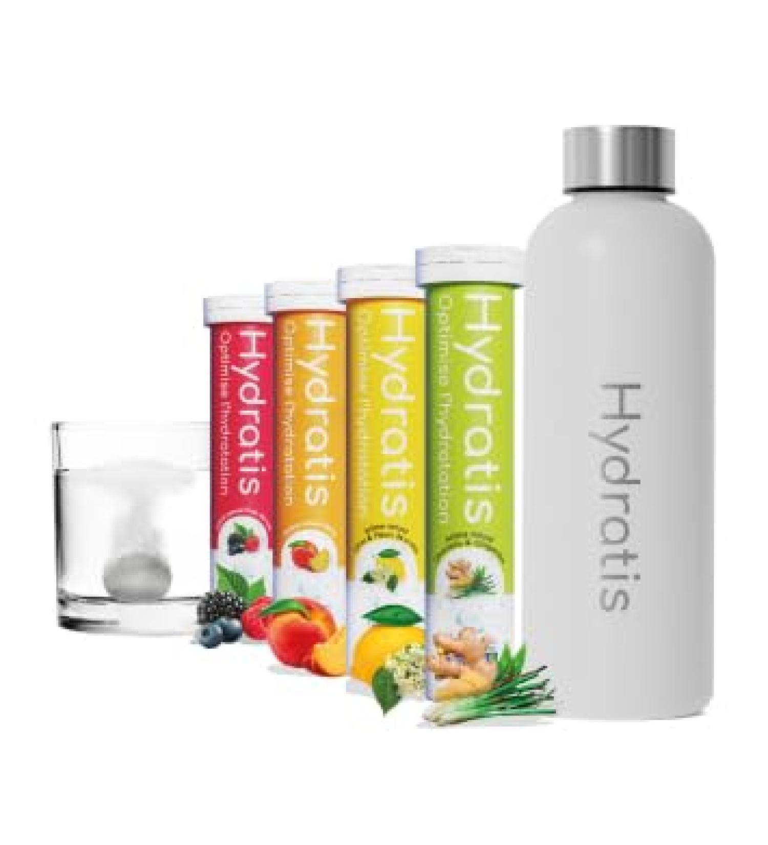HYDRATIS - Pack of 4 Tubes of Effervescent Tablets with Electrolytes + 500 ml White Bottle - Optimises Hydration - Lemon/Elde - Buy Online on GoSupps.com