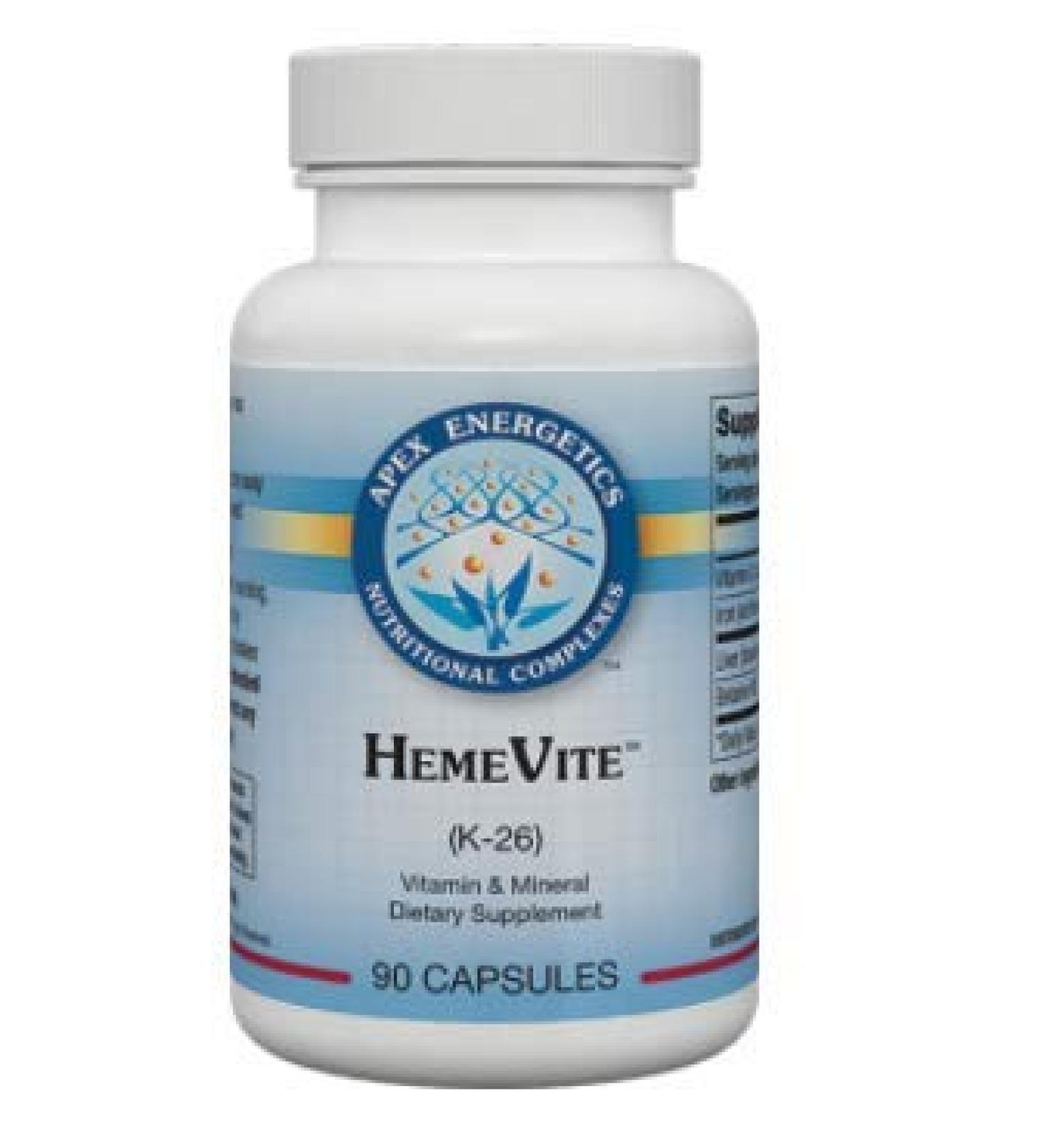 Apex Energetics HemeVite 6mg 90ct (K-26) Supports Hemoglobin Synthesis by Providing 6 mg of Ferrous bisglycinate chelate (Iron) Source of Iron with 139% DV per Serving (6mg)