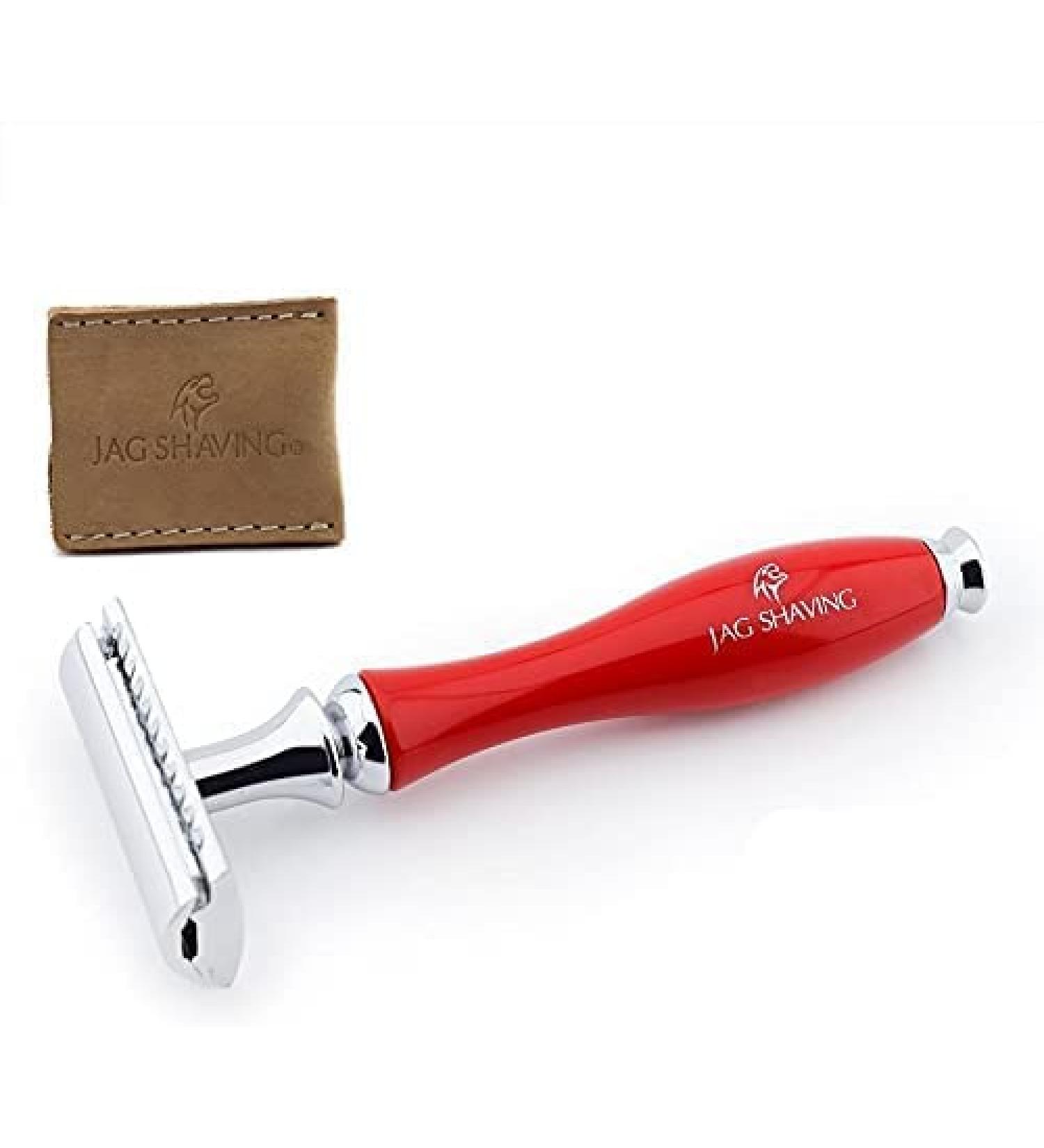 Double edge razor with brass and aluminum handle in red color and leather cover by Jag Shaving