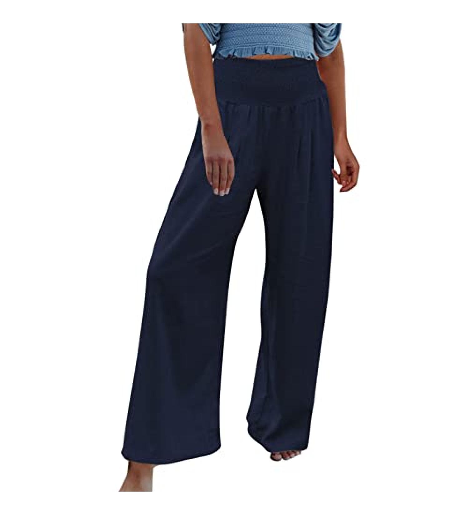 Navy Linen Palazzo Lounge Pants for Women | Elastic Wide Leg Trousers | Casual Summer Dress Pants - Size Small - Buy Online on GoSupps.com