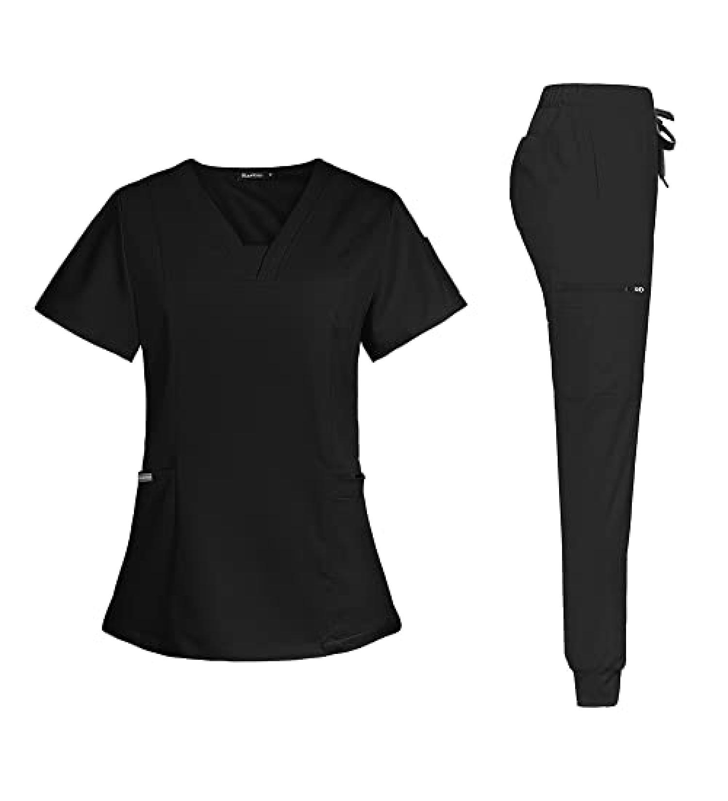 Black Small Niaahinn Scrub Suit Set for Women V-neck Modern Medical Nursing Uniforms - Buy Online on GoSupps.com